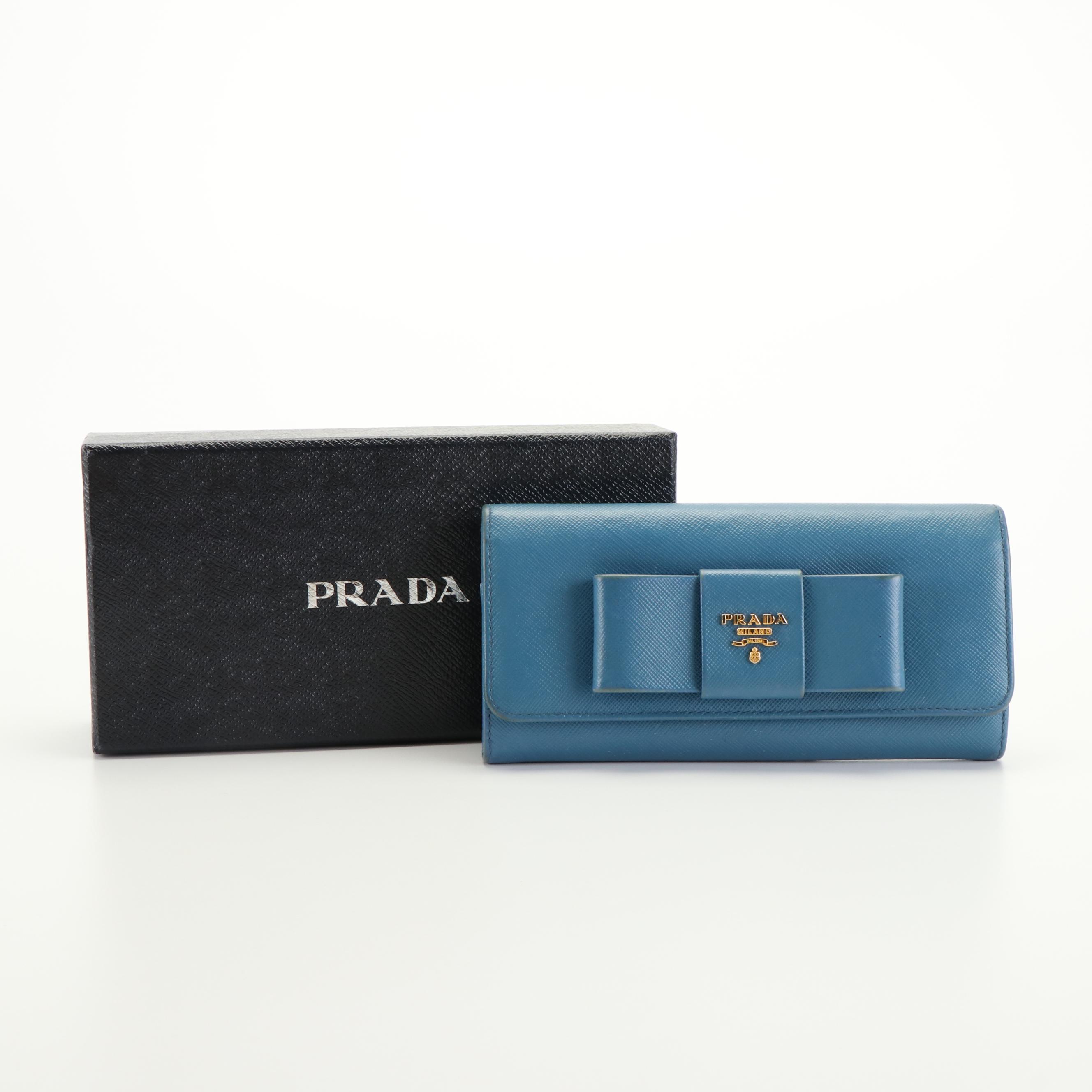 Prada Continental Bow Wallet in Sky Blue Saffiano Leather