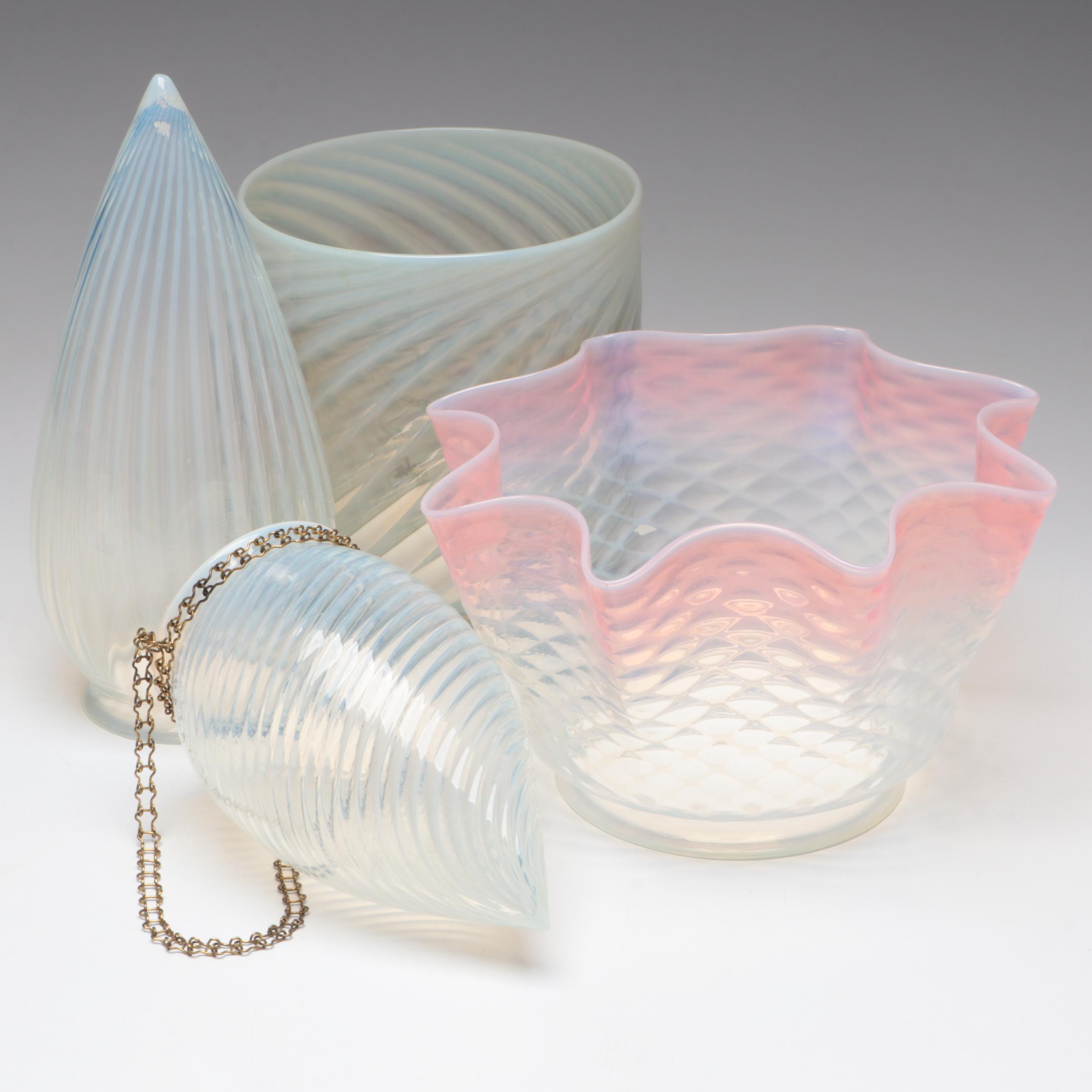 Opalescent Glass Rib & Spiral Bullet, Plain, Ruffled Optic Shades, Early 20th C