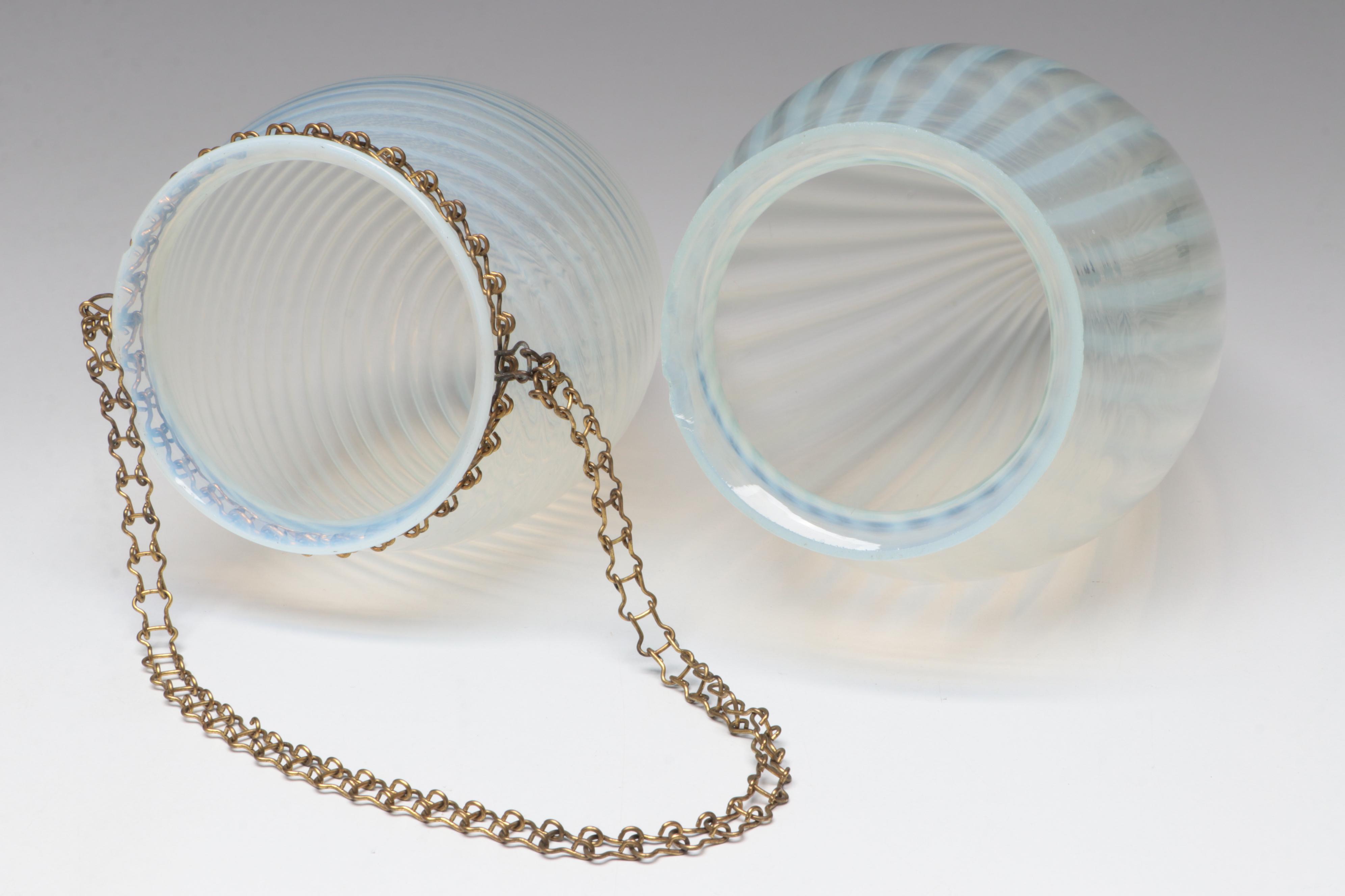 Opalescent Glass Rib & Spiral Bullet, Plain, Ruffled Optic Shades, Early 20th C
