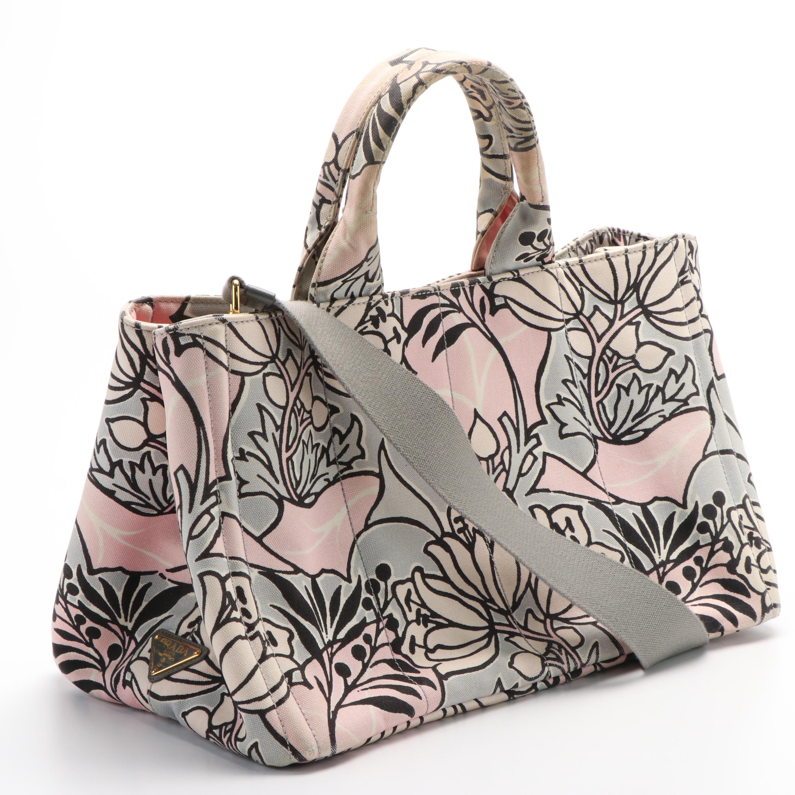 Prada Canapa Stampata Floral Canvas Tote Bag