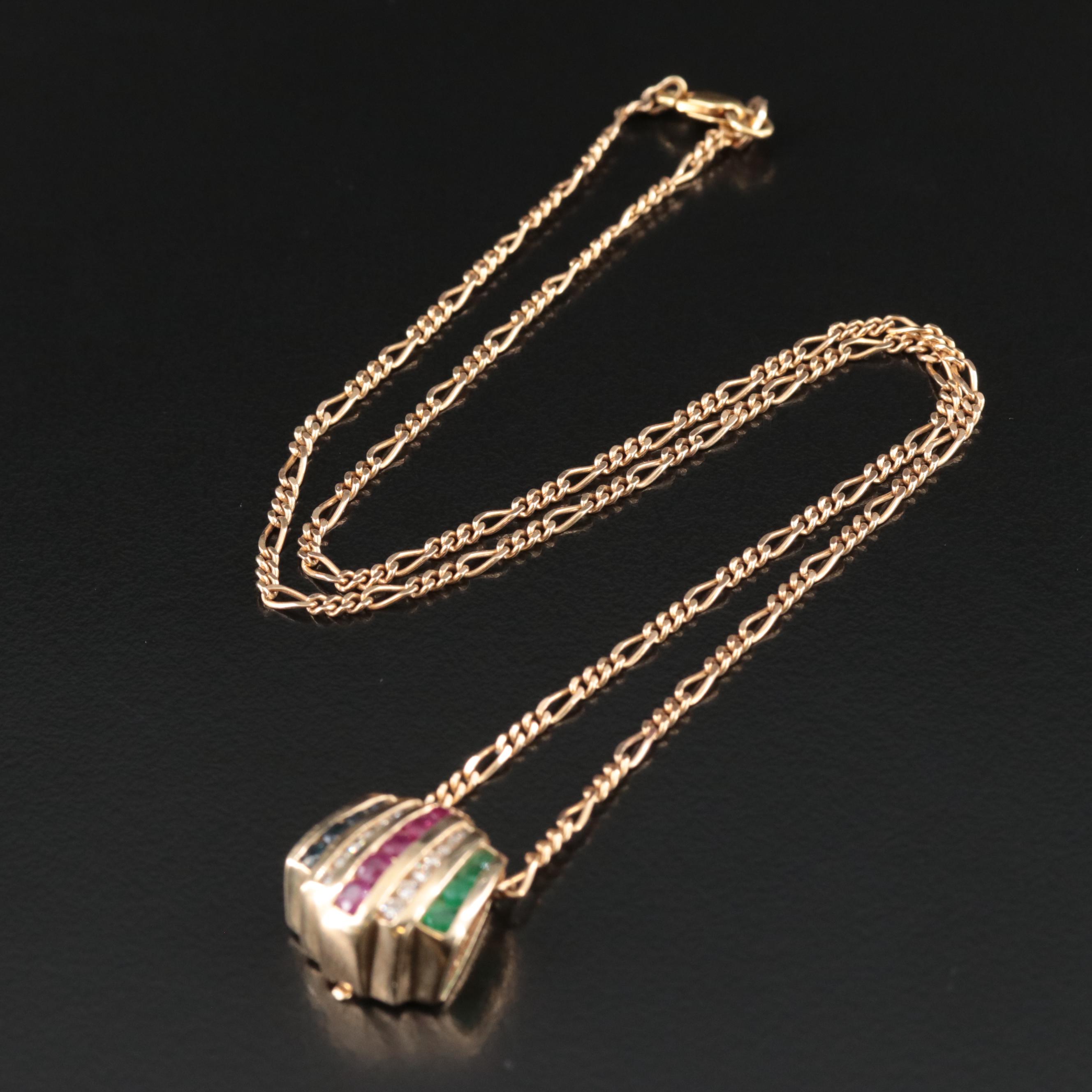 14K Ruby, Emerald, Sapphire and Diamond Slide Enhancer Pendant Necklace