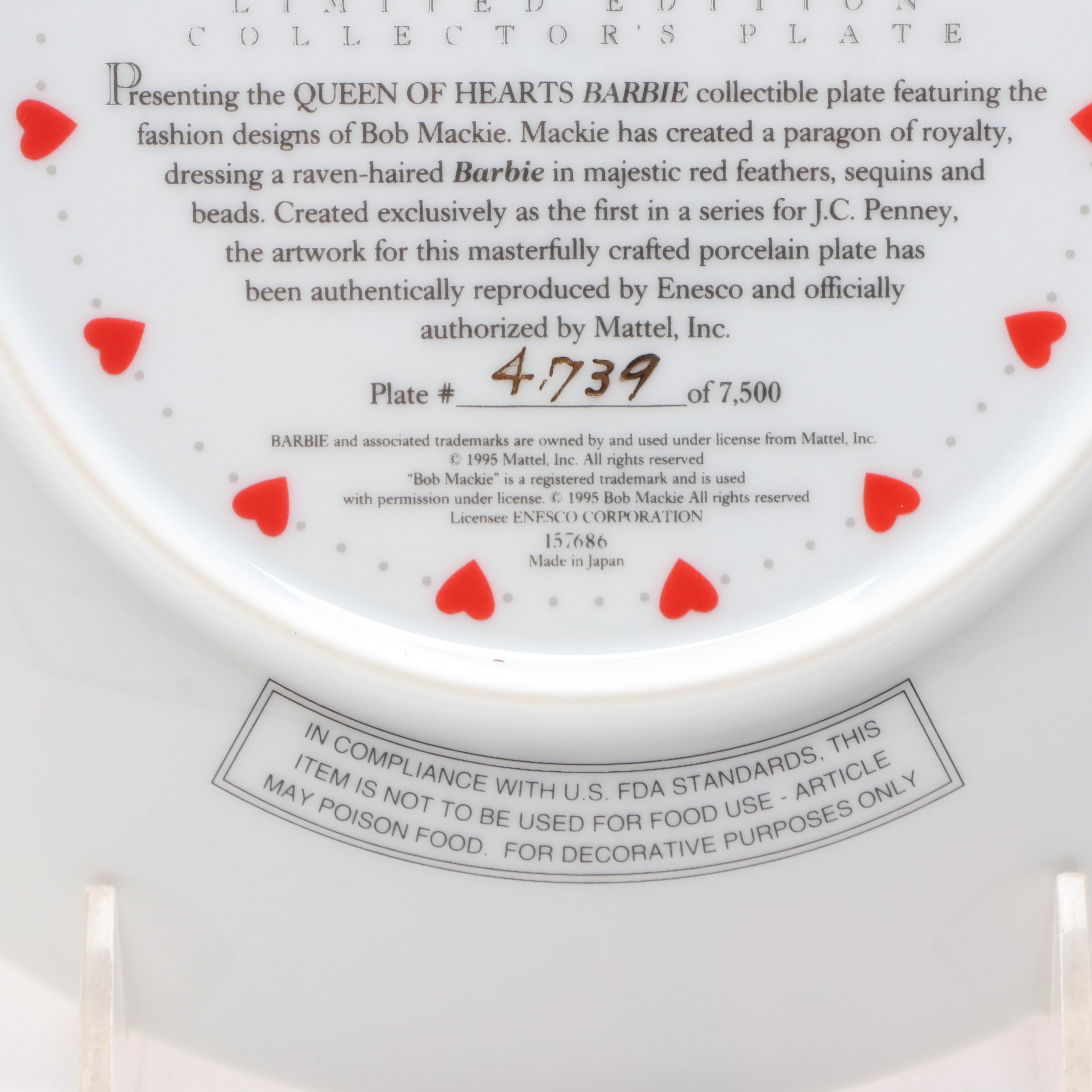 Enesco Signed Bob Mackie "Queen of Hearts" Barbie Collector's Plate, 1995