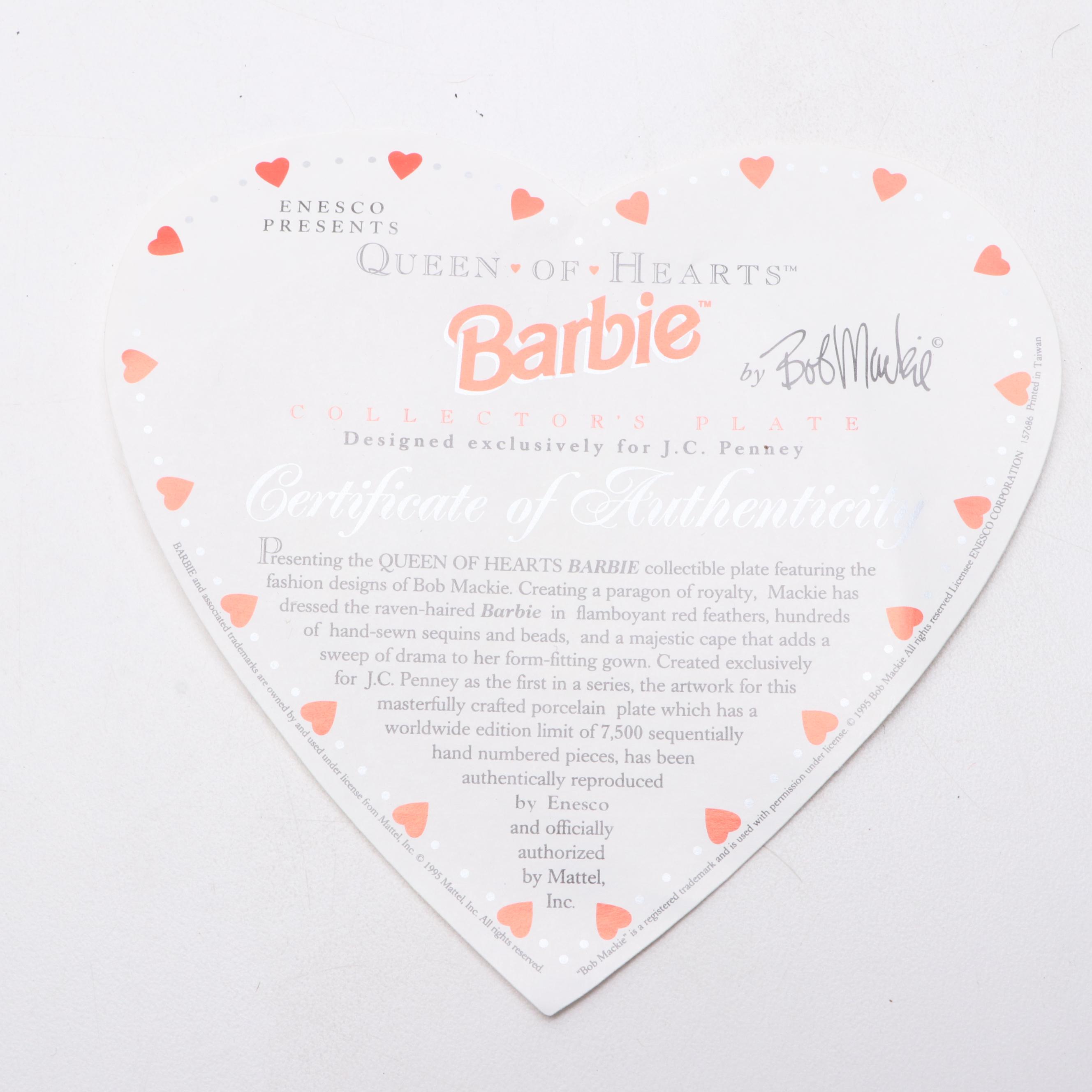 Enesco Signed Bob Mackie "Queen of Hearts" Barbie Collector's Plate, 1995