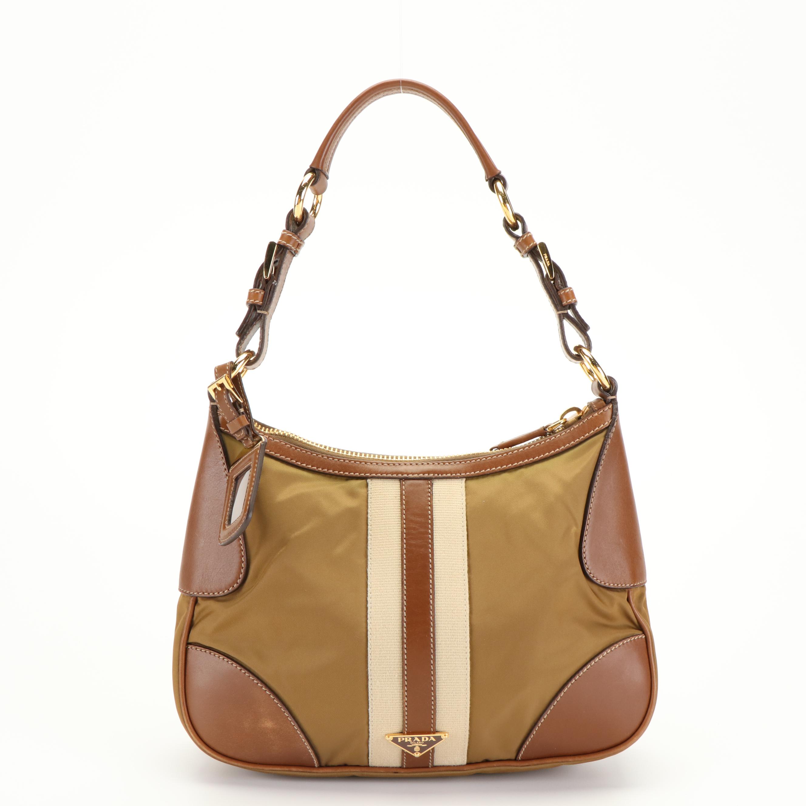 Prada Stripe Shoulder Bag in Brown Leather and Tessuto Nylon
