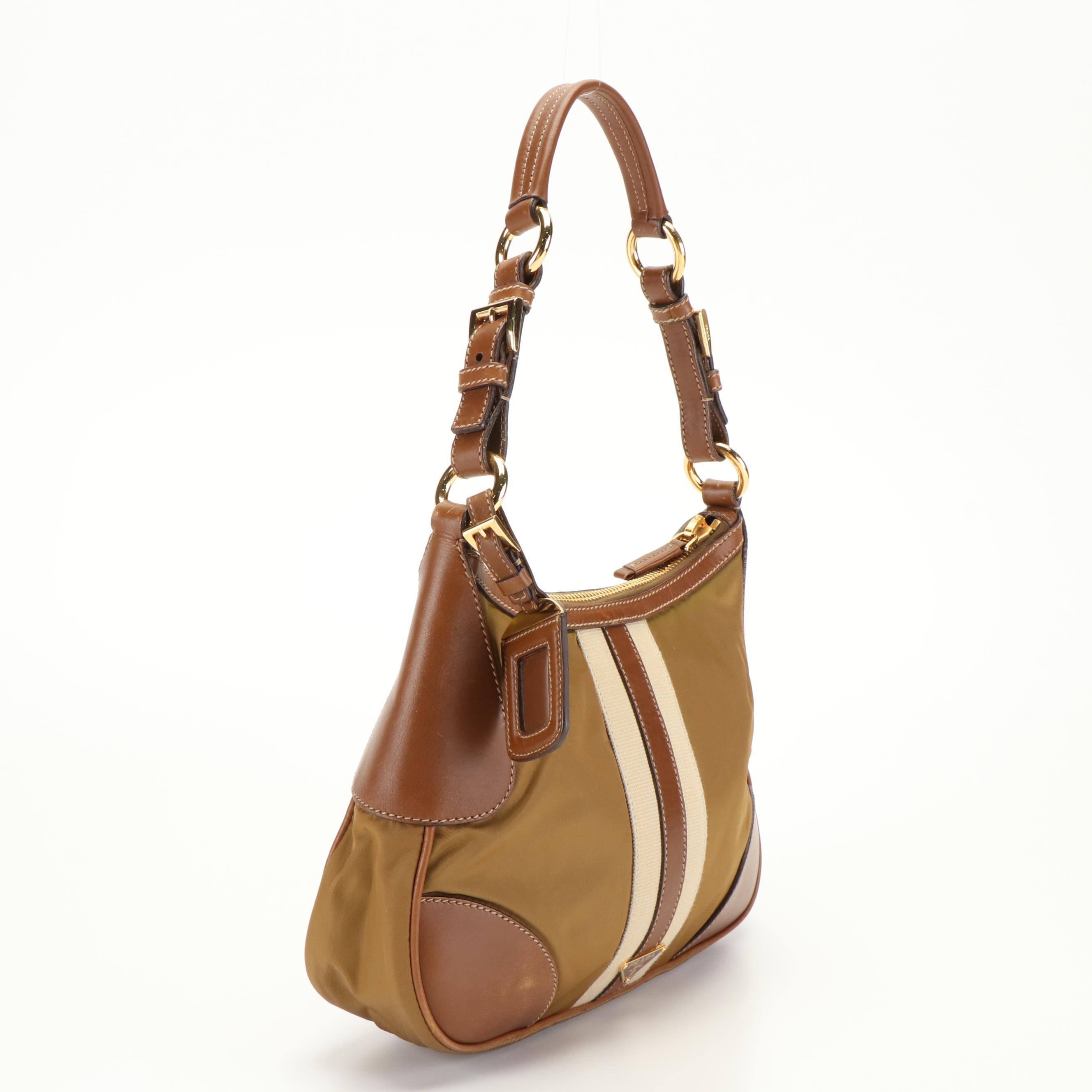 Prada Stripe Shoulder Bag in Brown Leather and Tessuto Nylon