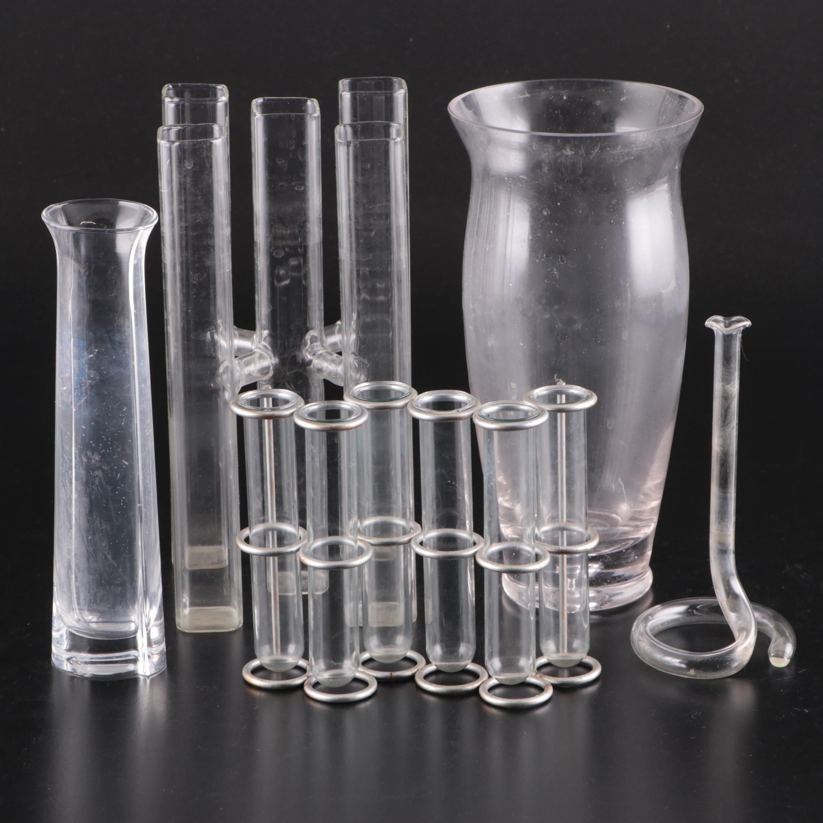 Glass Test Tube Vases in Metal Stand with Propogation and Other Glass Vases