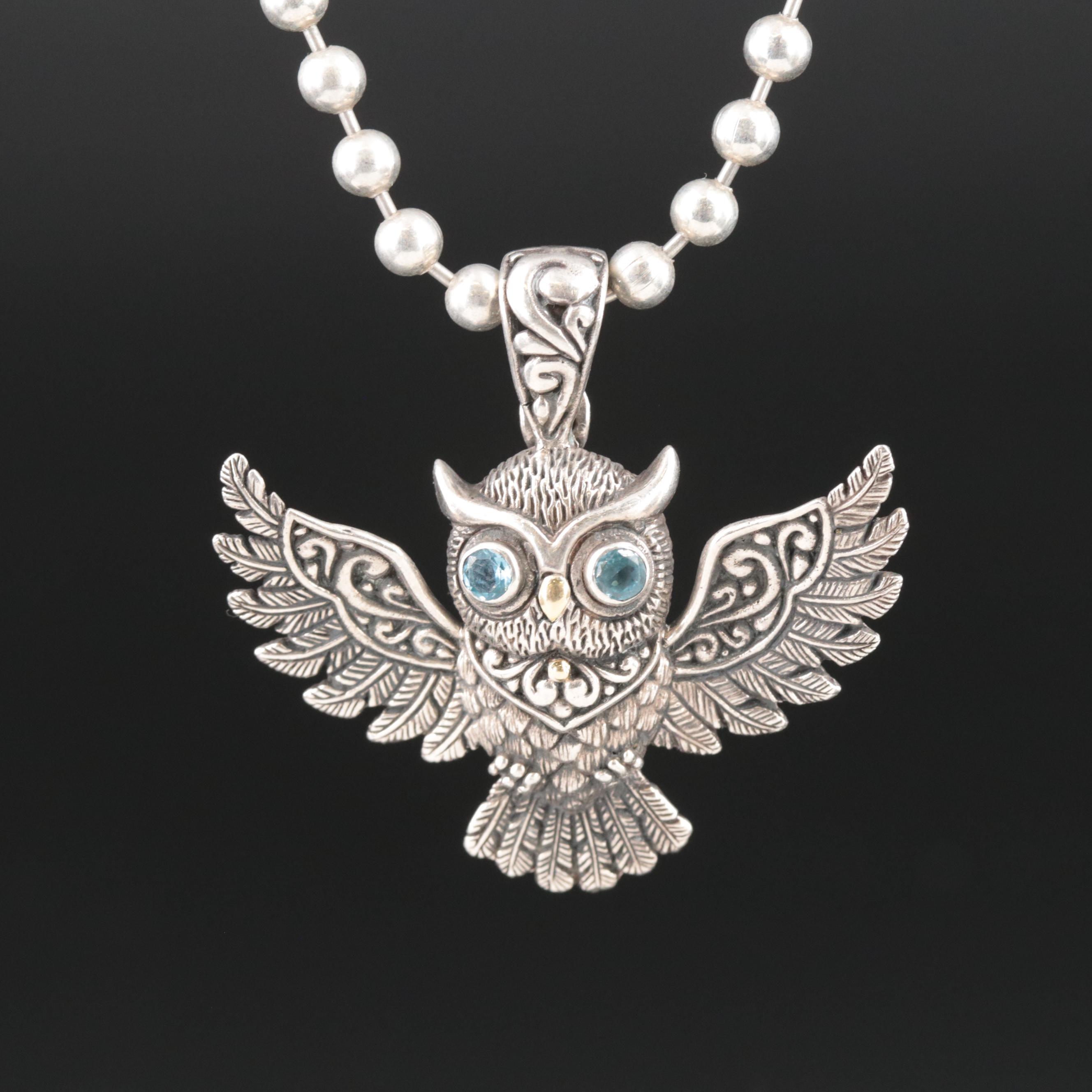 Sterling Topaz Owl Enhancer Pendant Necklace with 18K Accents