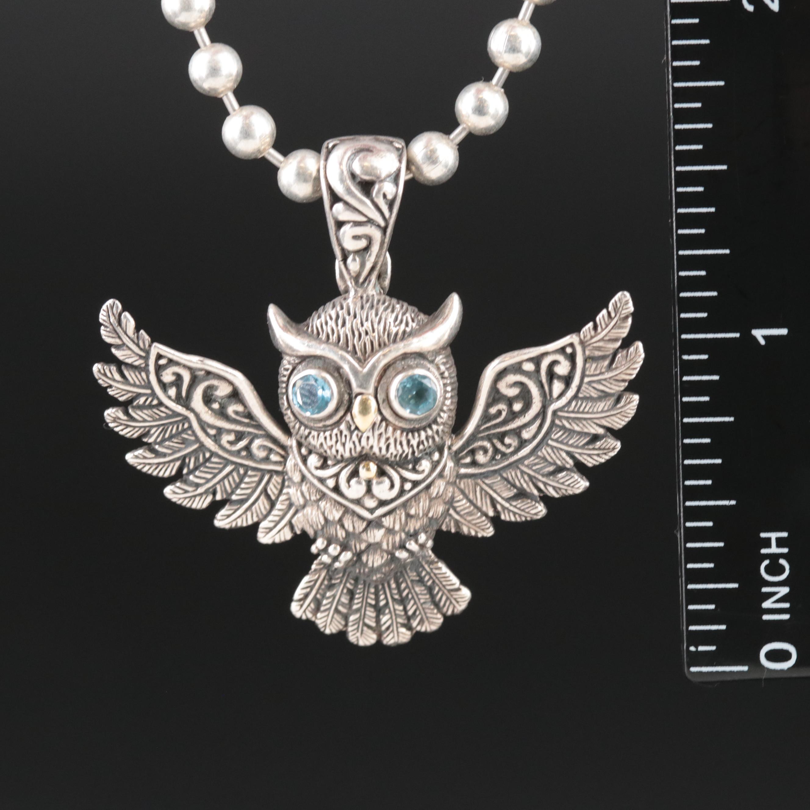Sterling Topaz Owl Enhancer Pendant Necklace with 18K Accents