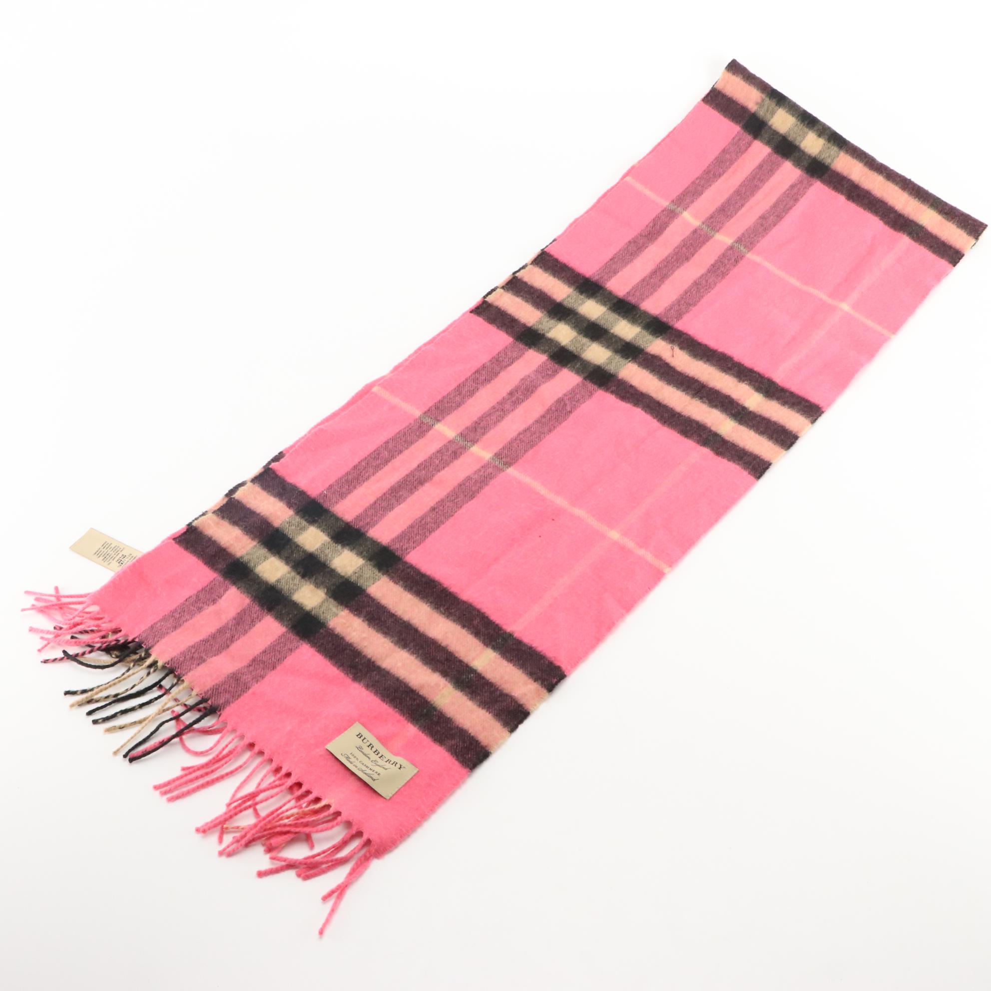Burberry Pink Plaid Cashmere Fringe Scarf