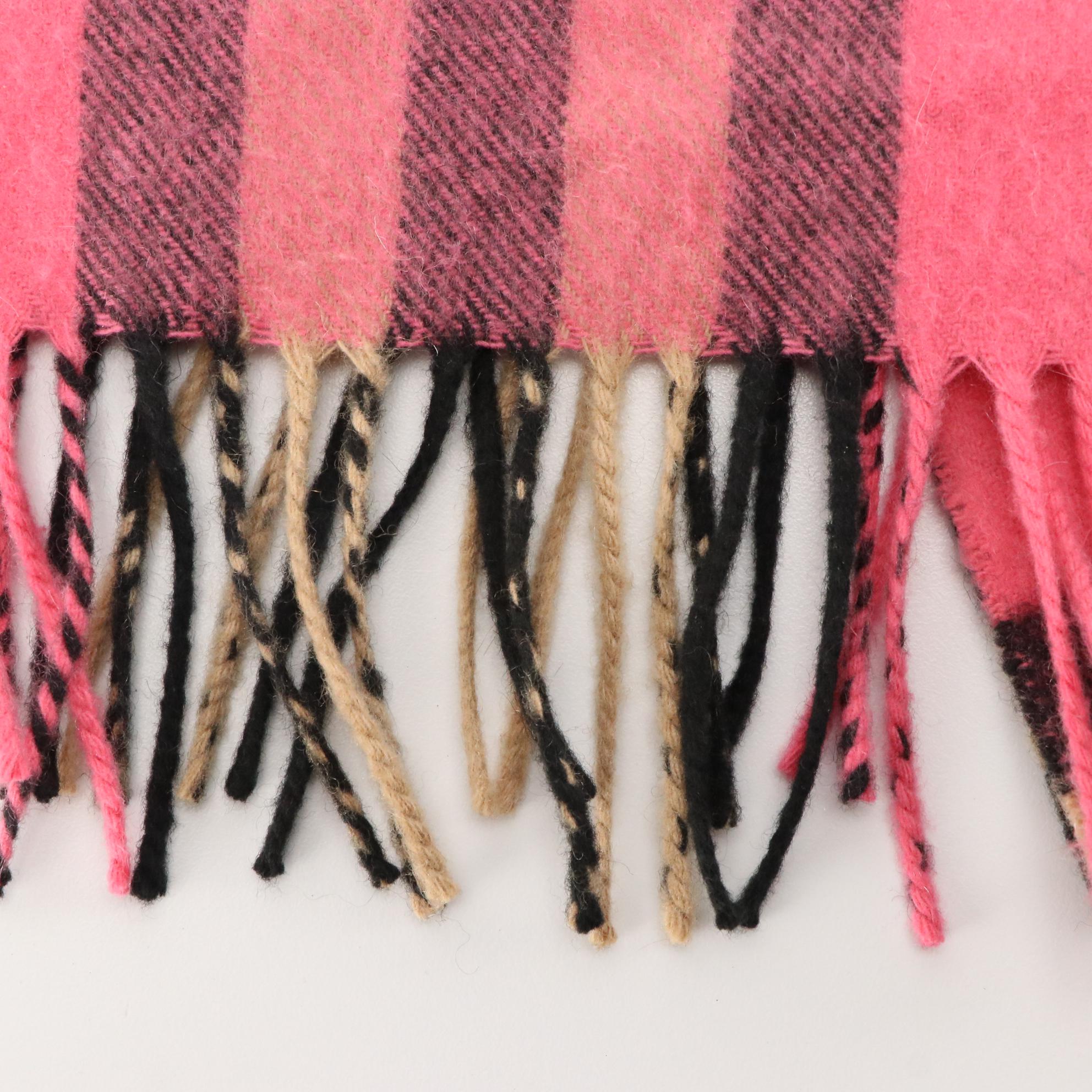Burberry Pink Plaid Cashmere Fringe Scarf
