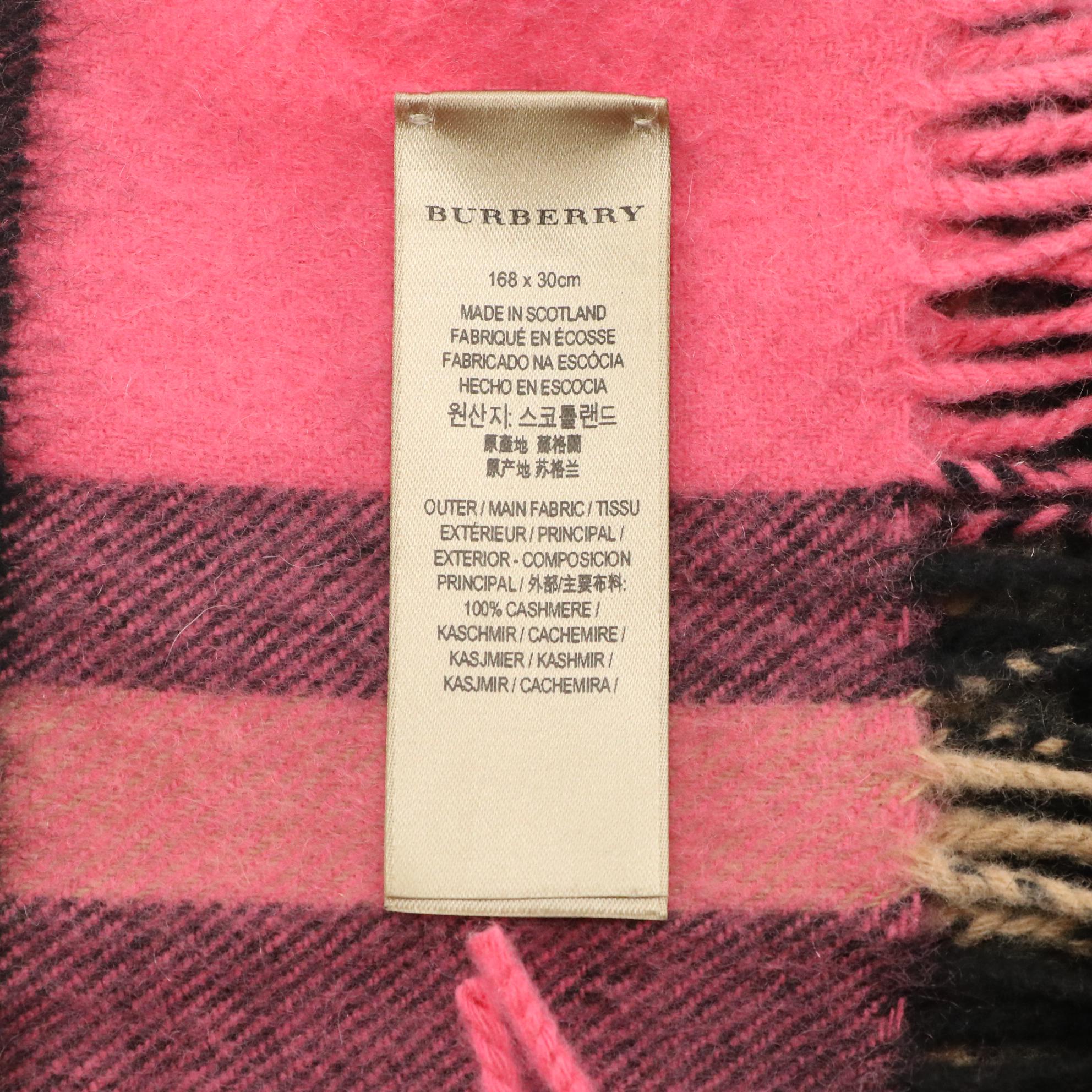 Burberry Pink Plaid Cashmere Fringe Scarf