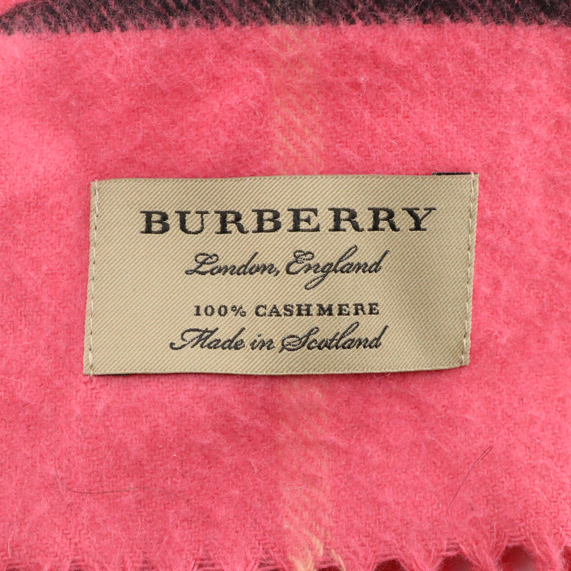 Burberry Pink Plaid Cashmere Fringe Scarf