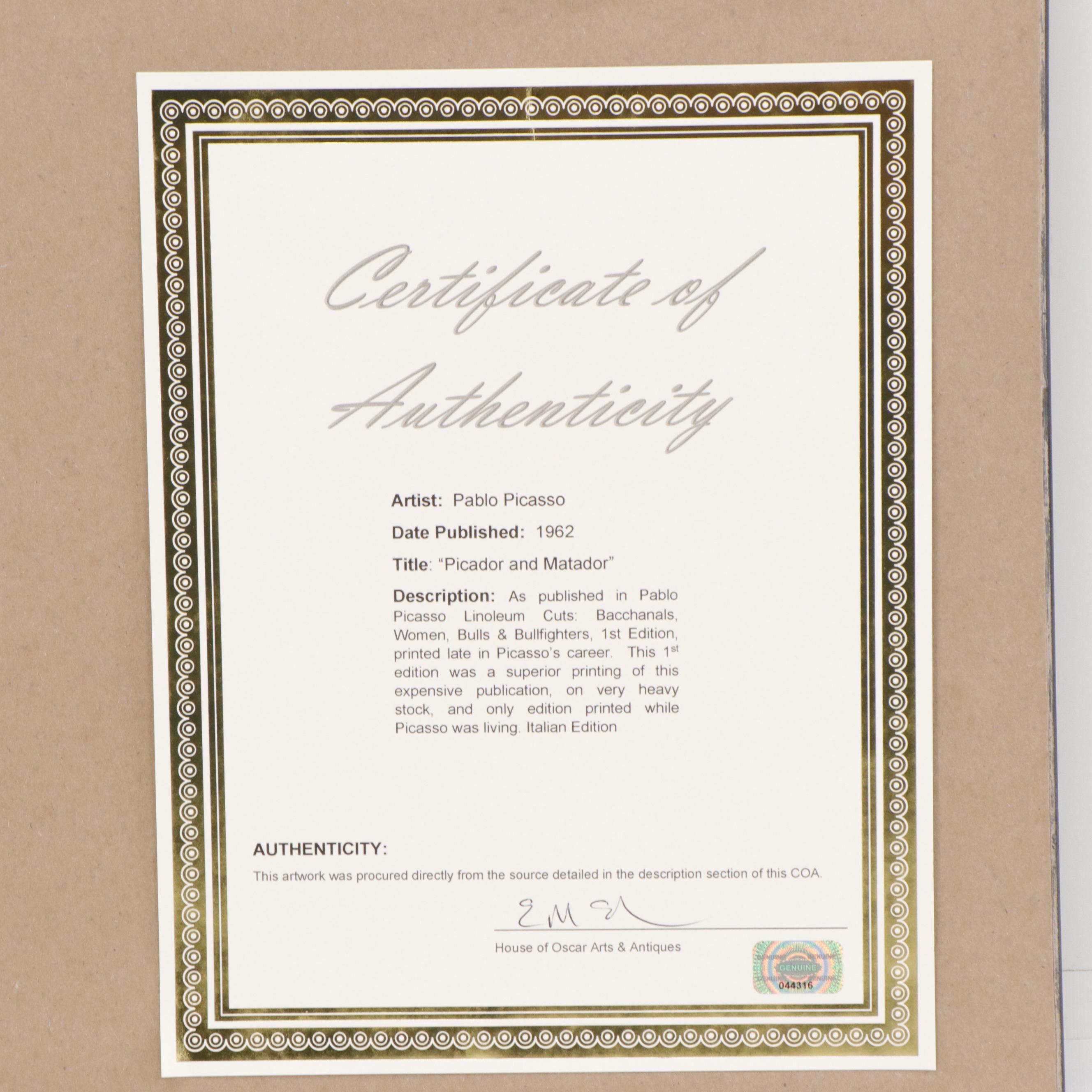 Pablo Picasso Linocut "Picador and Matador," 1962