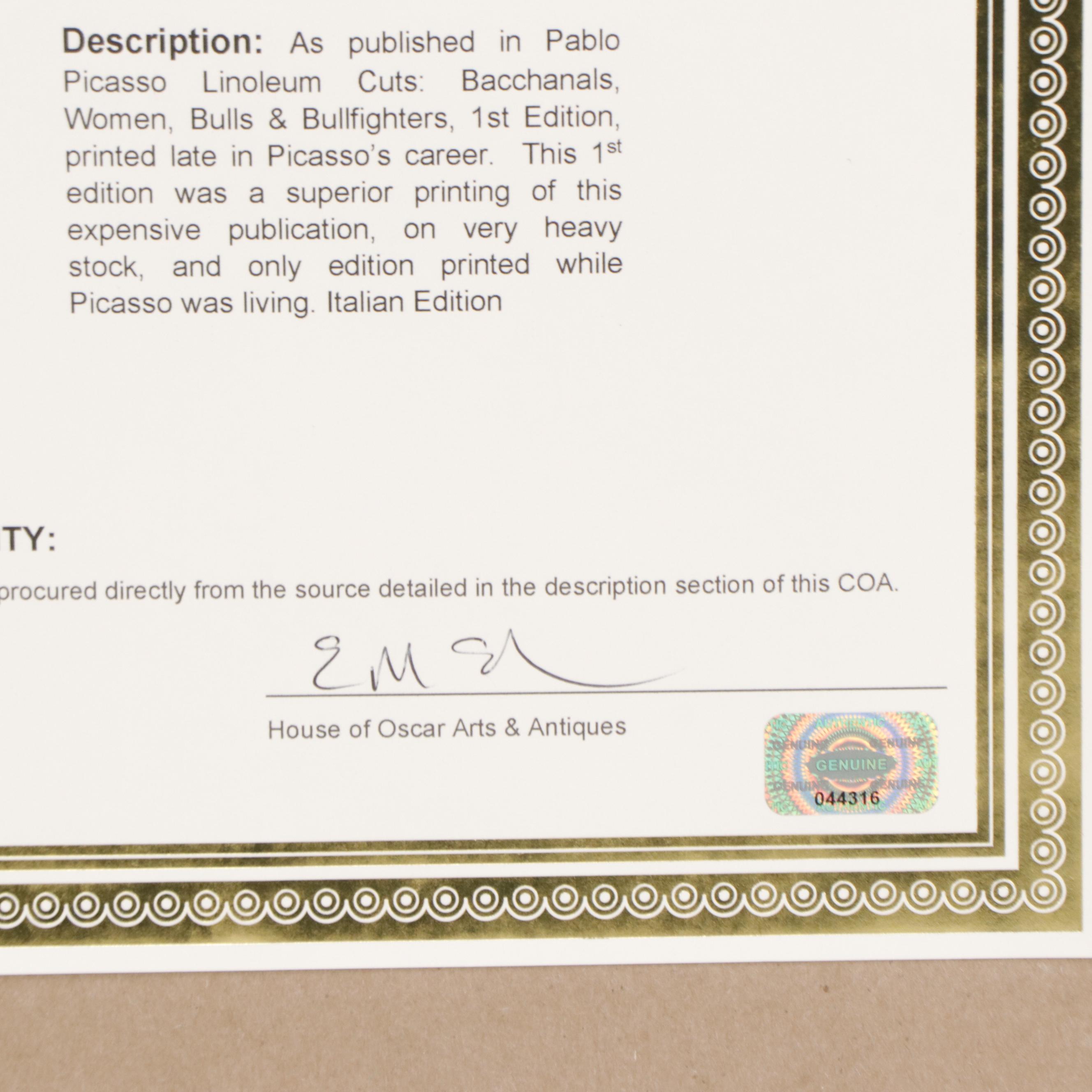 Pablo Picasso Linocut "Picador and Matador," 1962