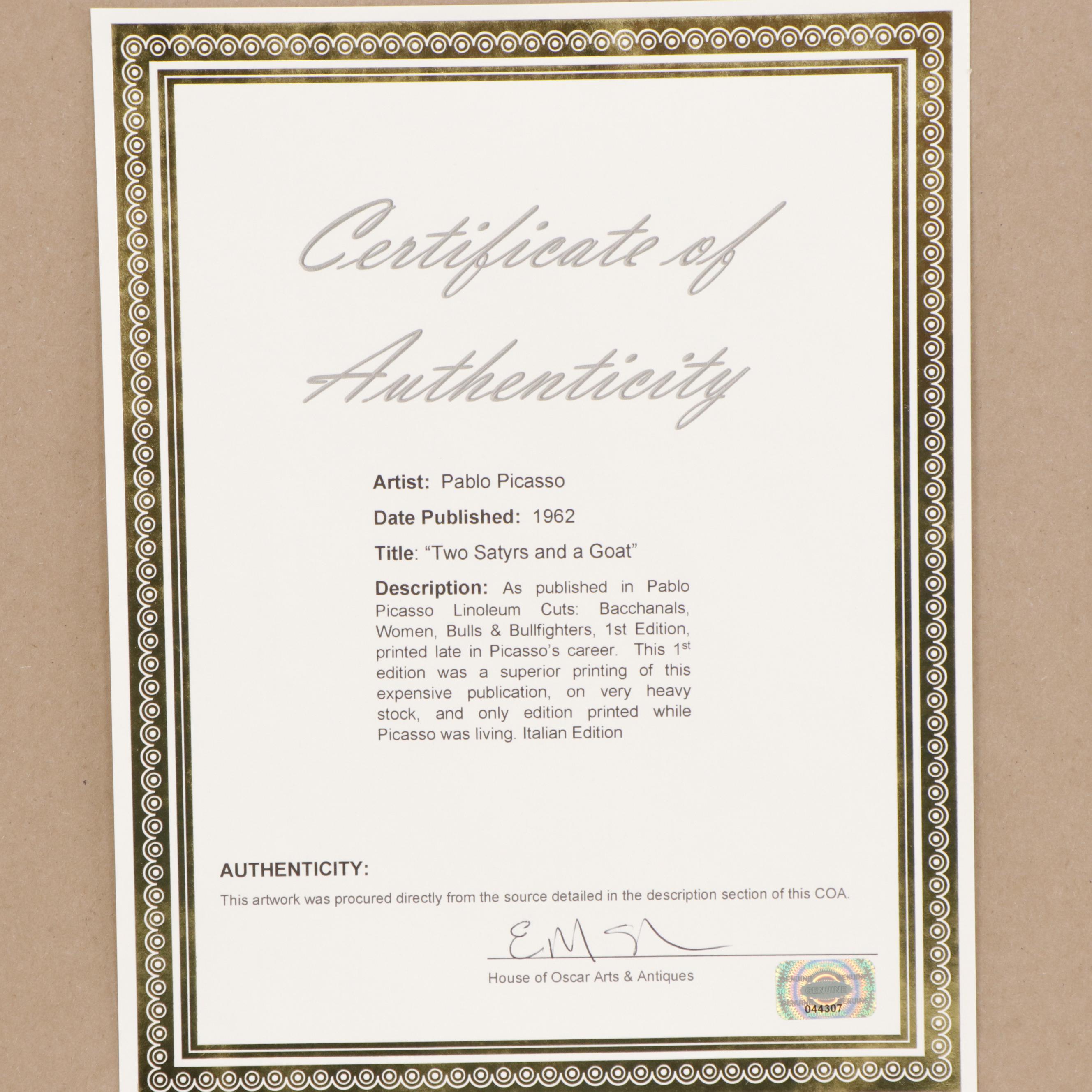 Pablo Picasso Linocut "Two Satyrs and a Goat," 1962