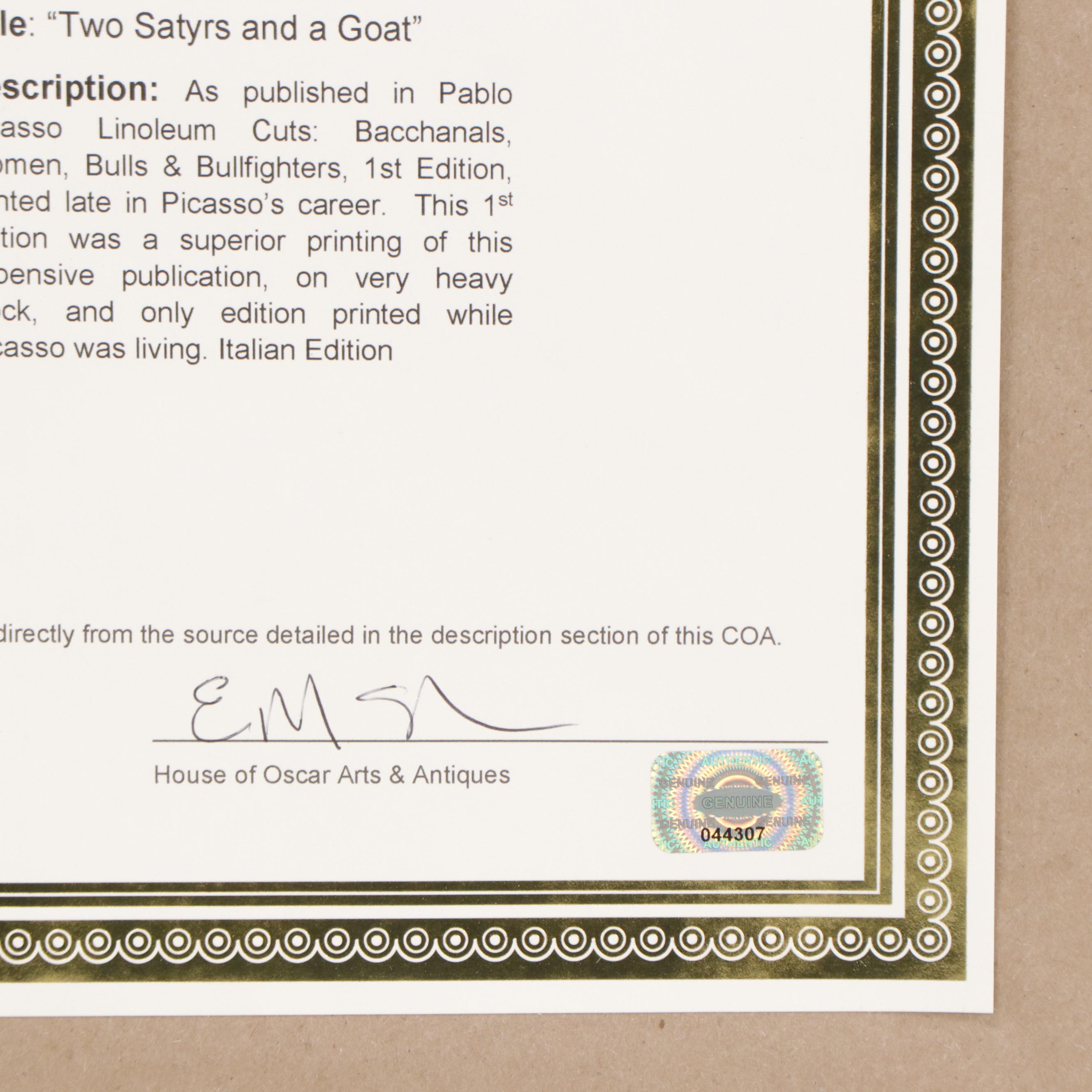 Pablo Picasso Linocut "Two Satyrs and a Goat," 1962