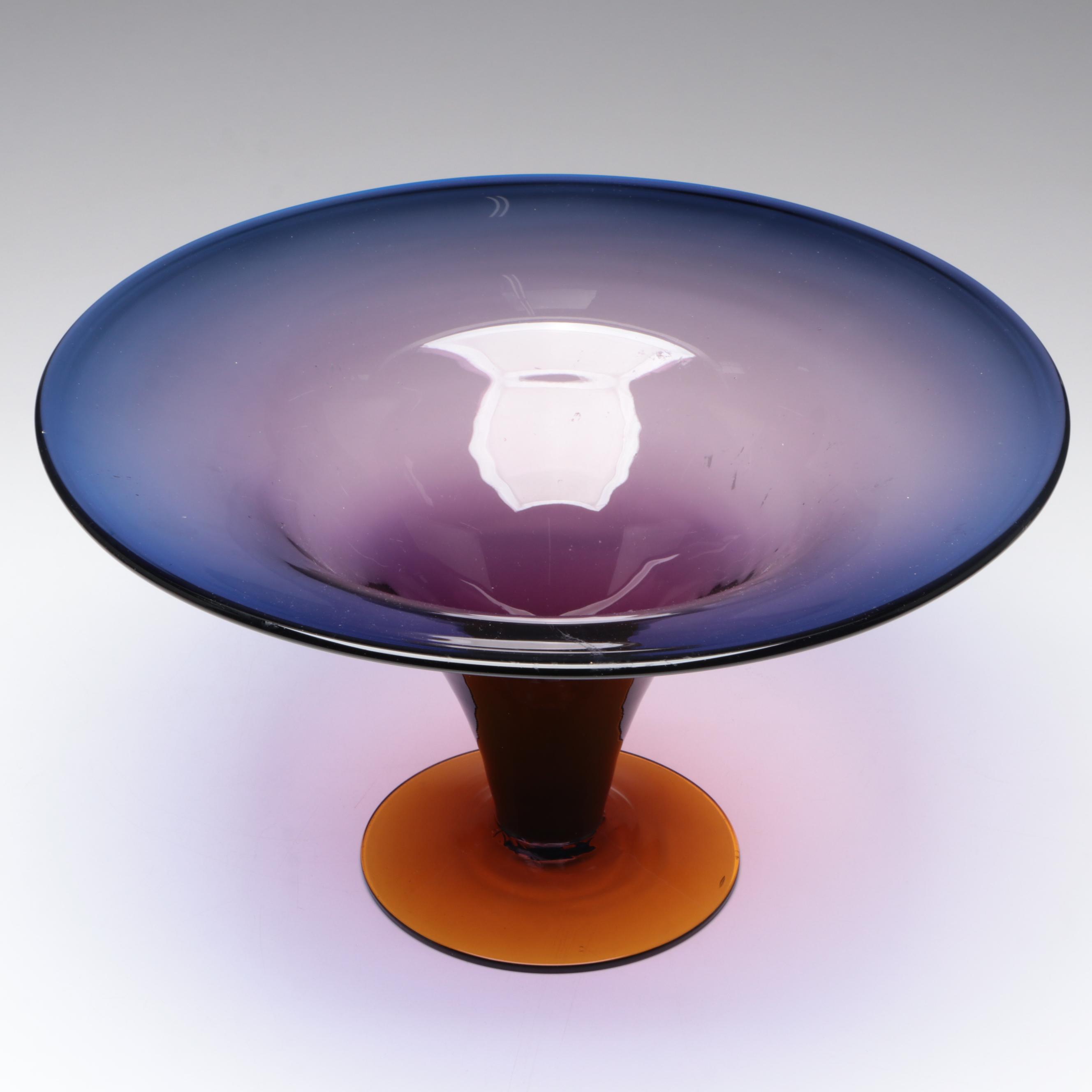 Blenko Handmade Amethyst and Orange Color Block Art Glass Compote