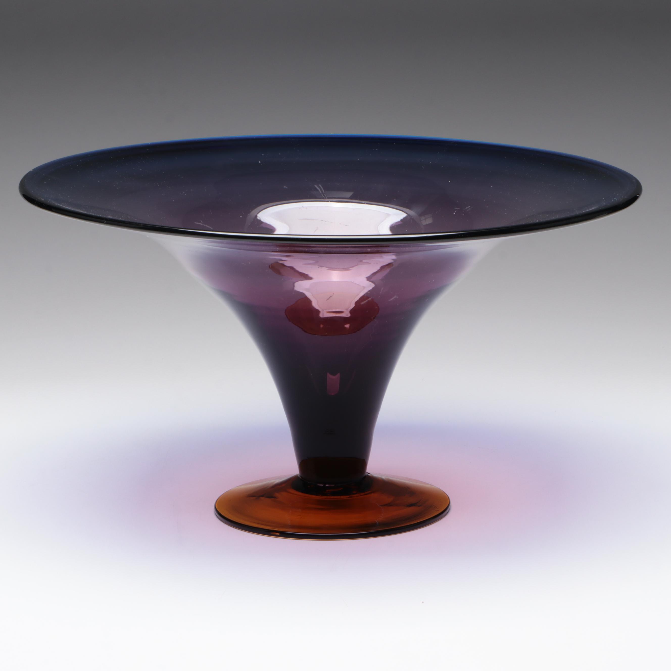 Blenko Handmade Amethyst and Orange Color Block Art Glass Compote