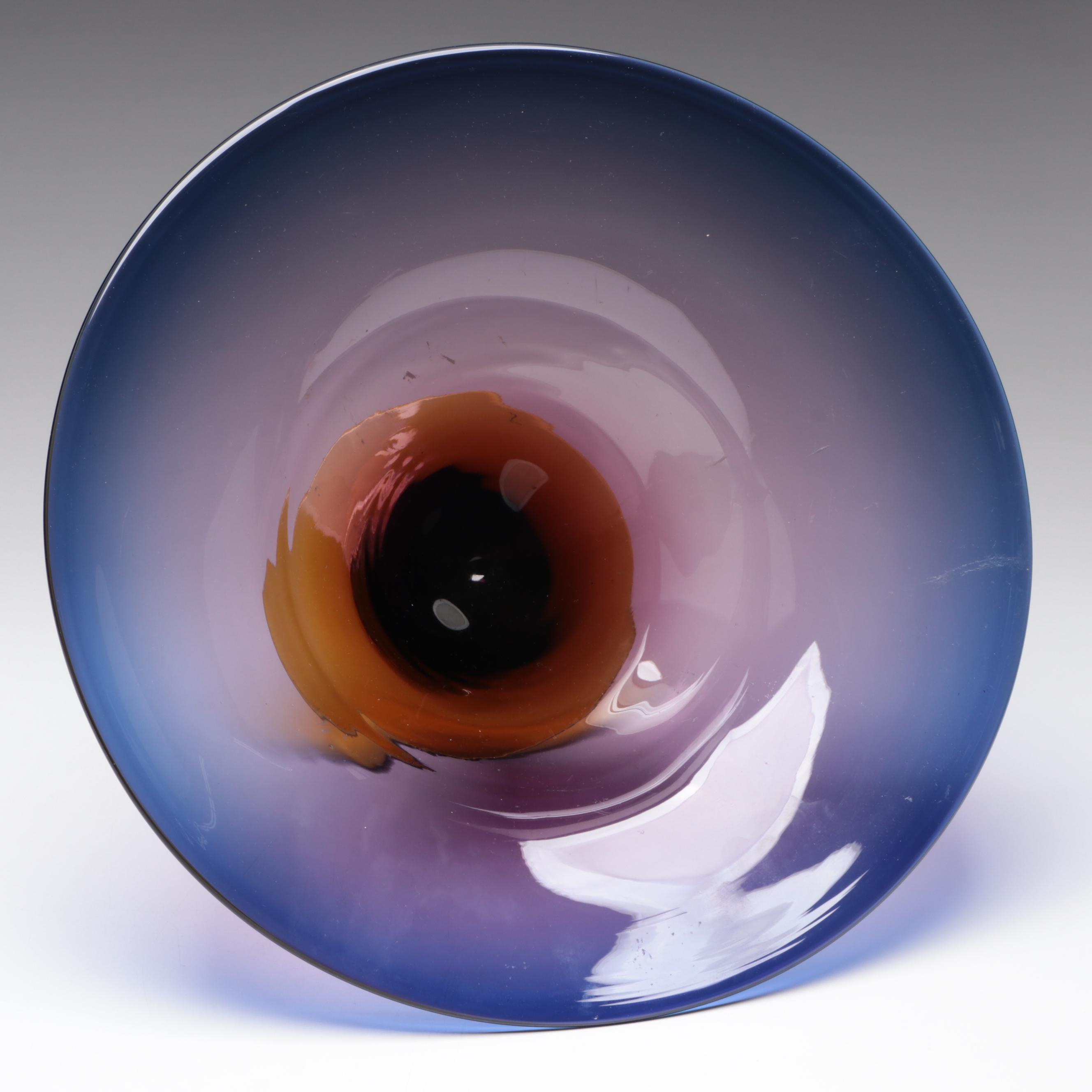 Blenko Handmade Amethyst and Orange Color Block Art Glass Compote