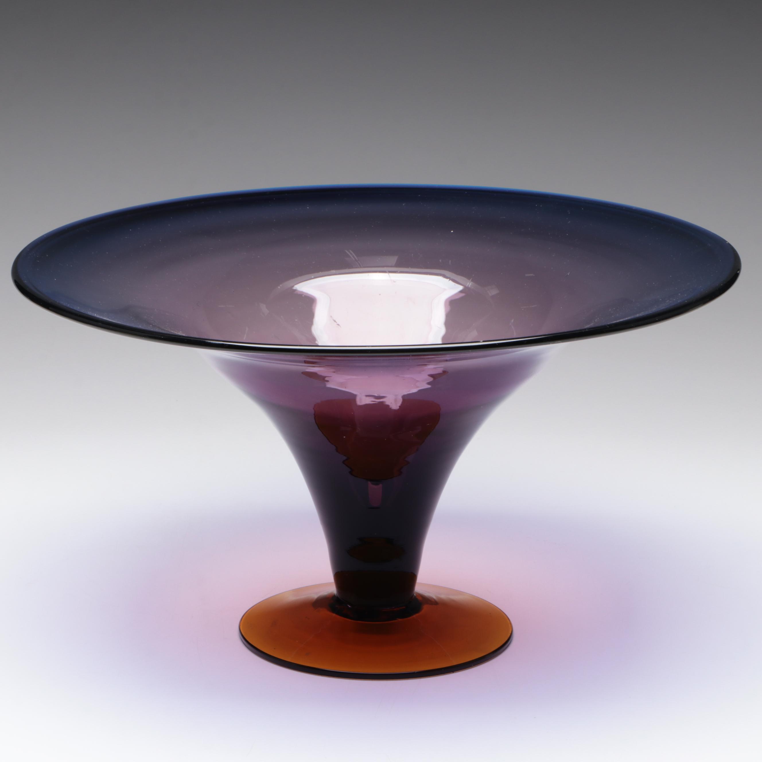 Blenko Handmade Amethyst and Orange Color Block Art Glass Compote