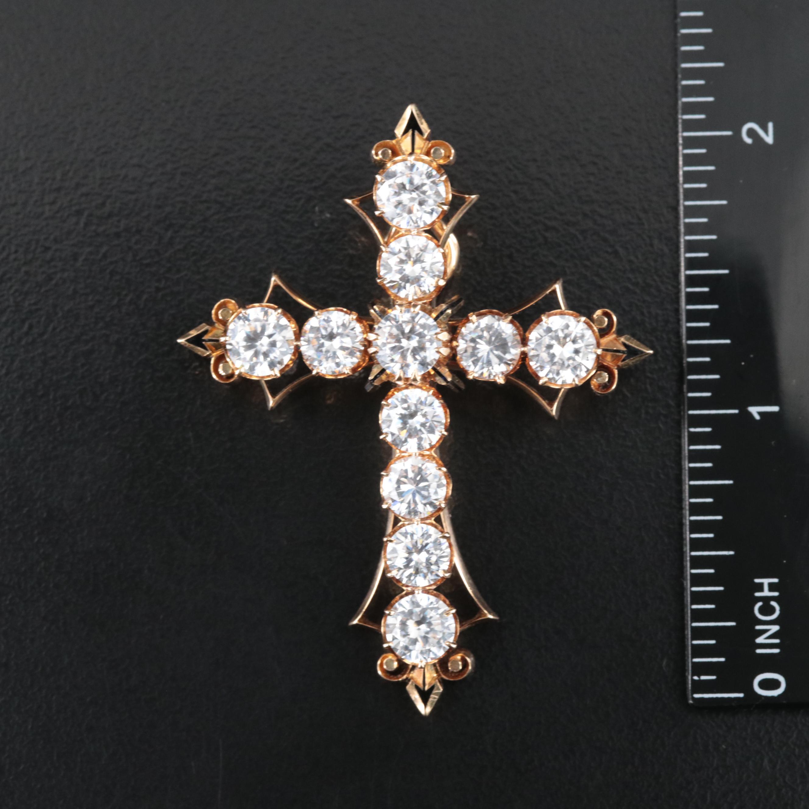 Antique 18K and Cubic Zironia and Enamel Cross Pin