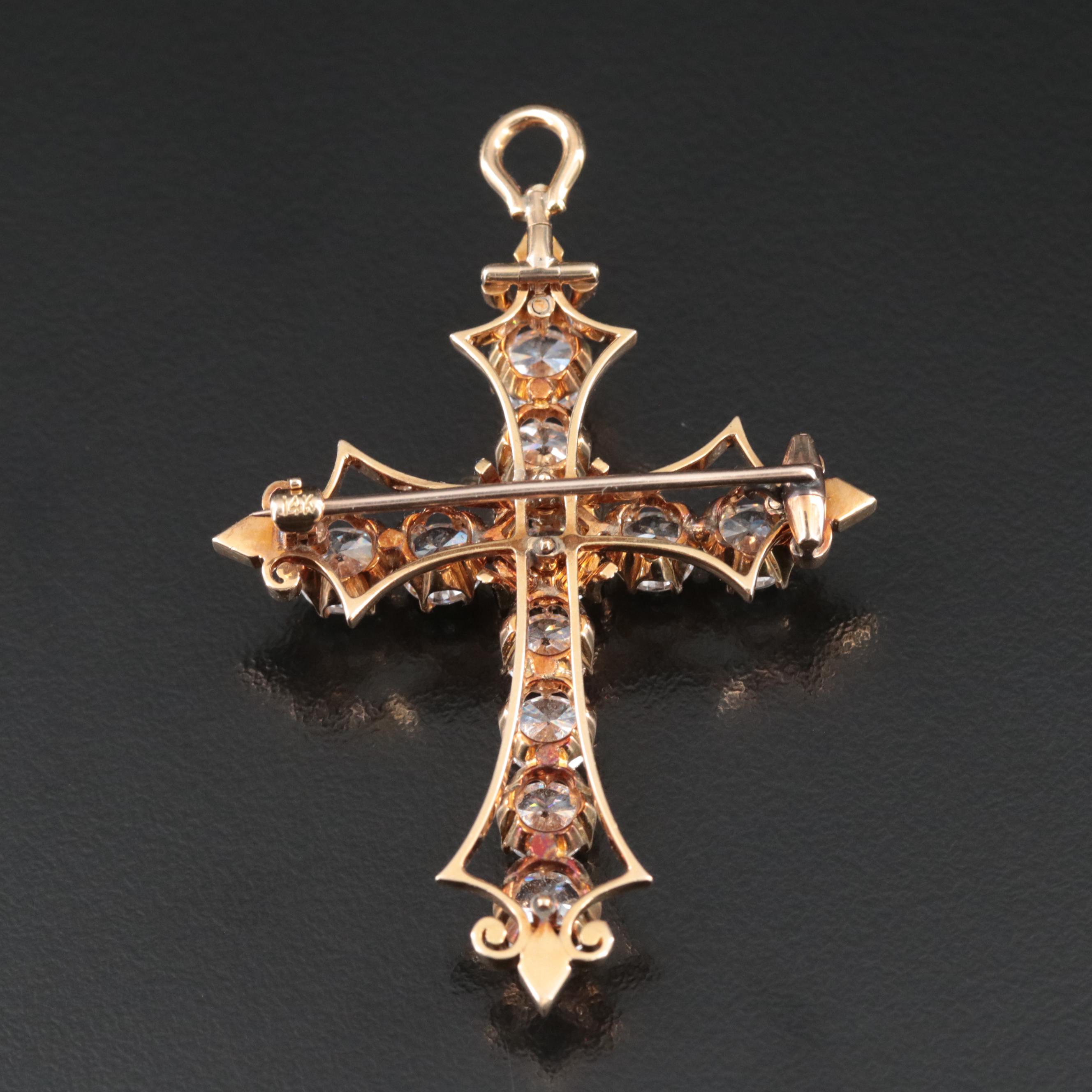 Antique 18K and Cubic Zironia and Enamel Cross Pin