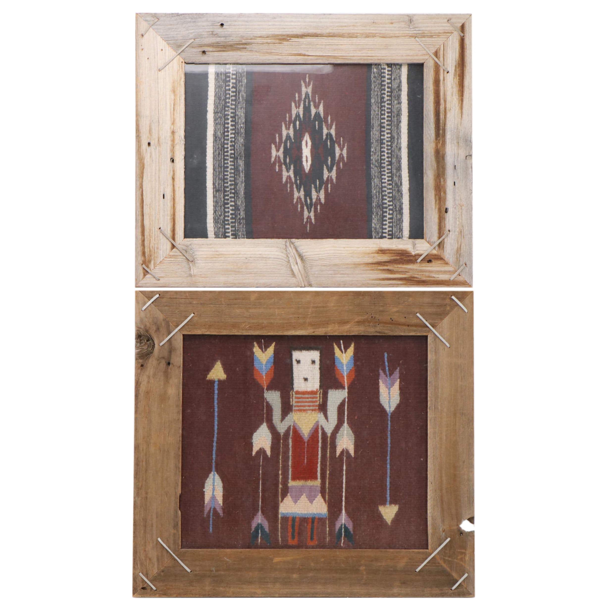 Handwoven Navajo Type Yei Be Chei and Crystal Accent Rugs in Rustic Frames