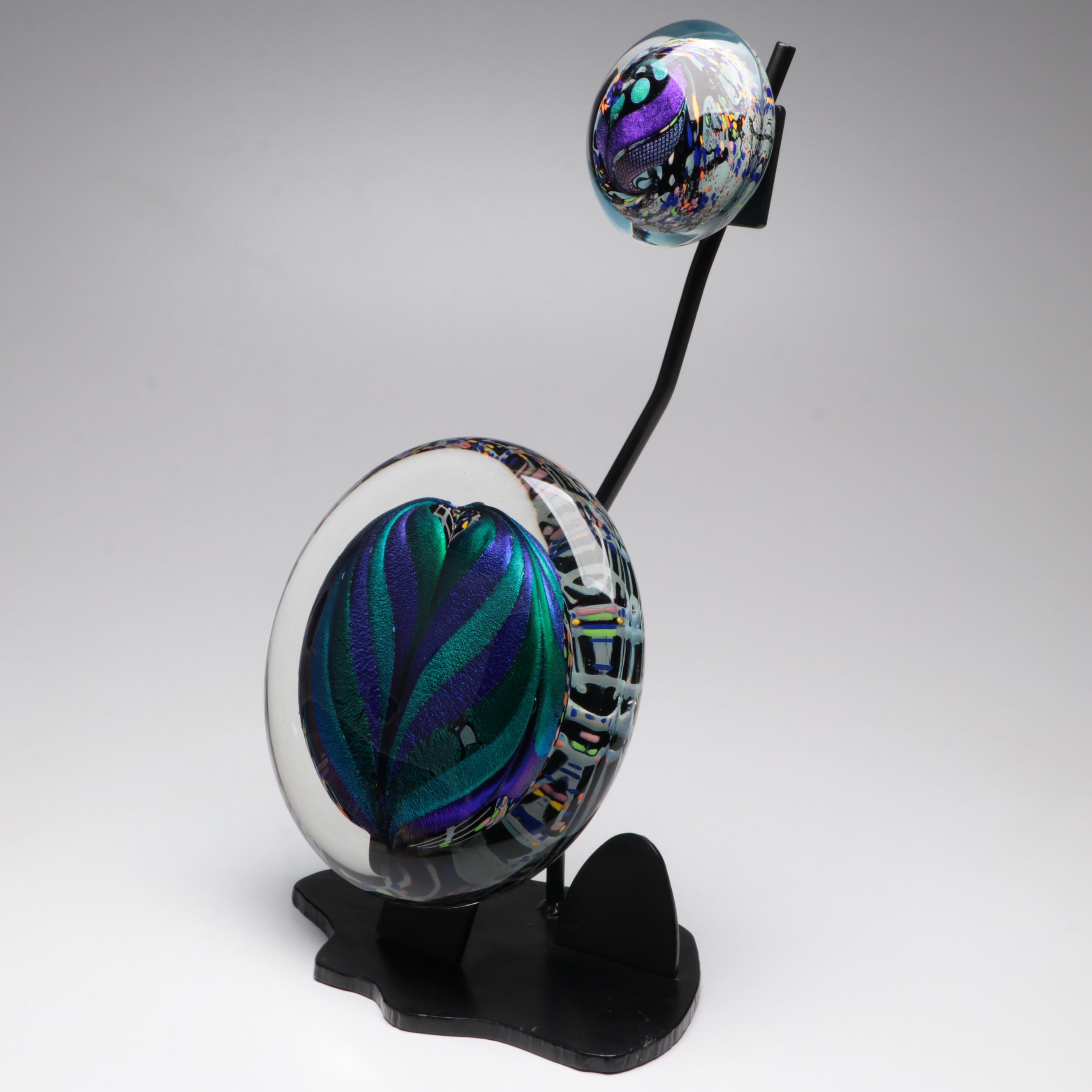 Rollin Karg Abstract Metal and Multicolor Dichroic Art Glass Sculpture, 2002