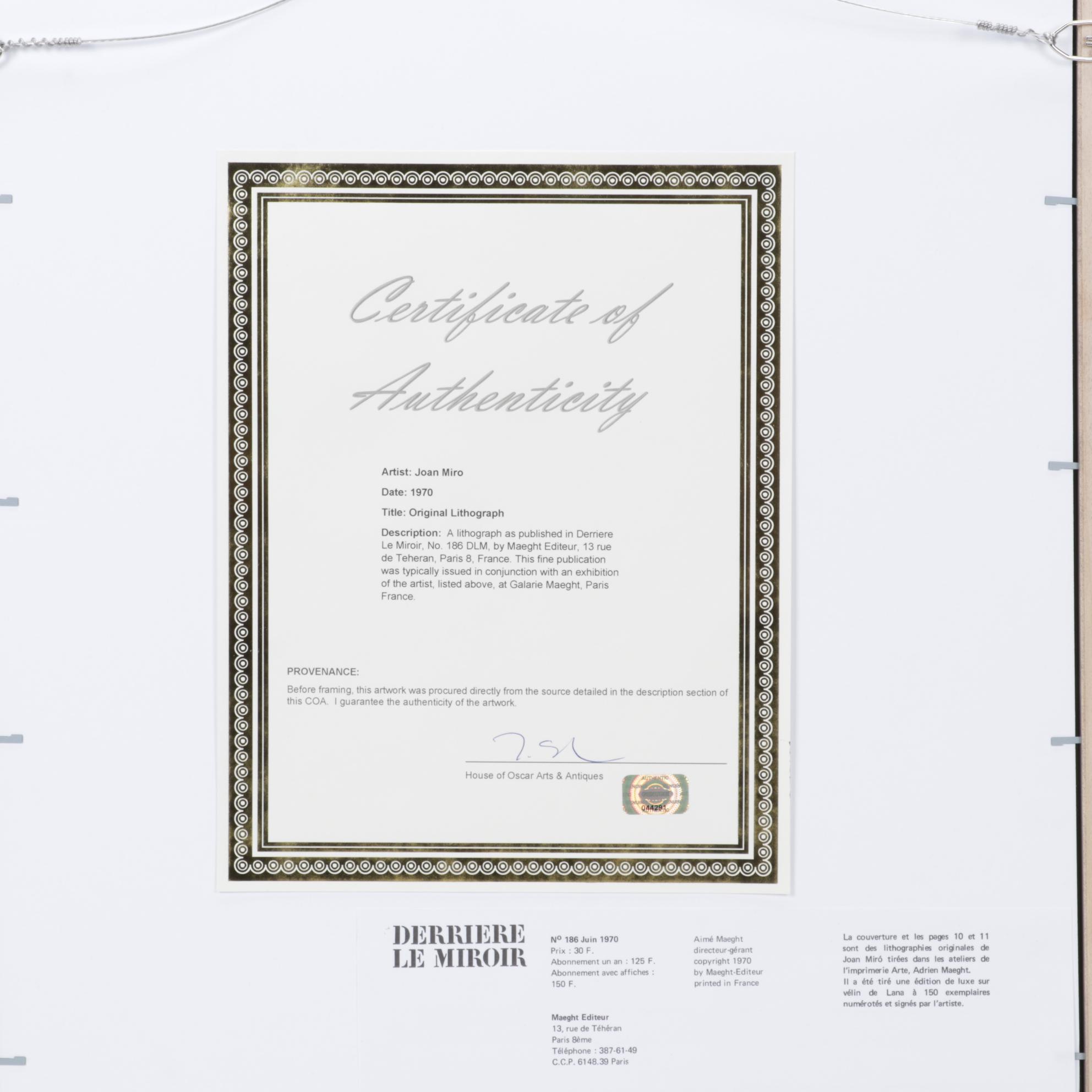 Joan Miró Color Lithograph for "Derrière le Miroir," 1970