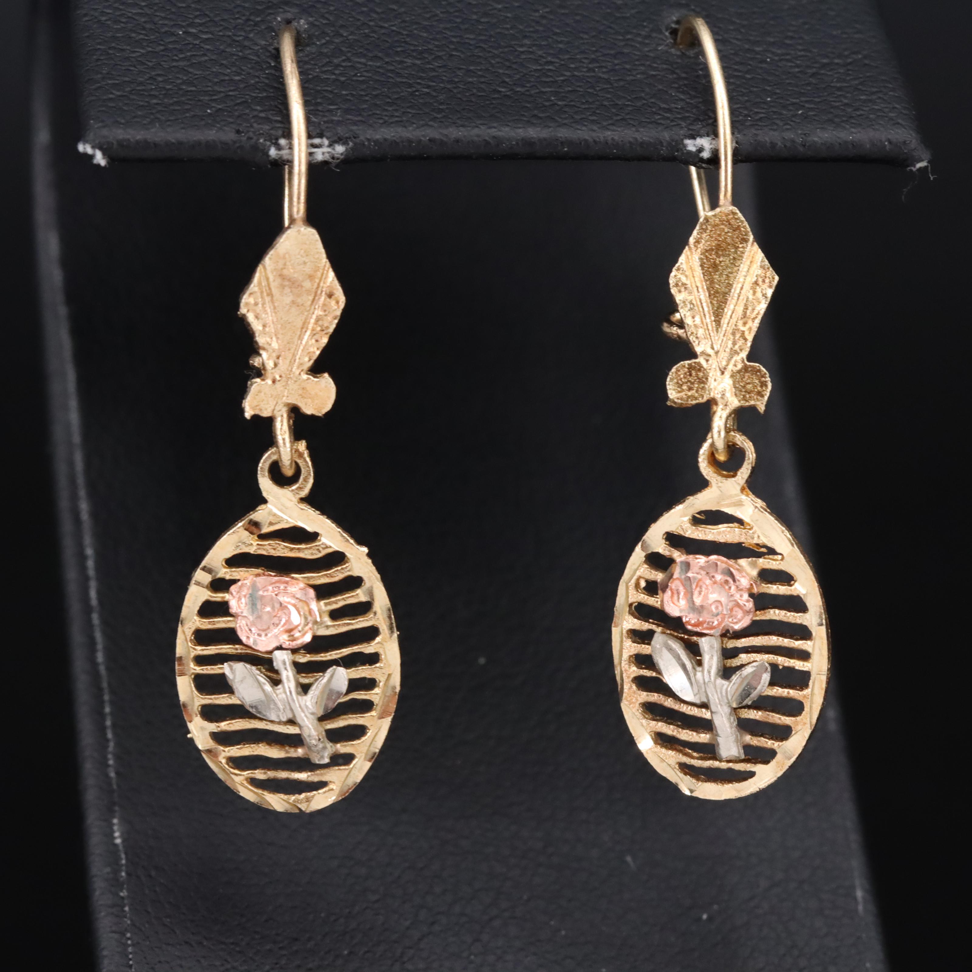 10K Tri-Color Rose Drop Earrings