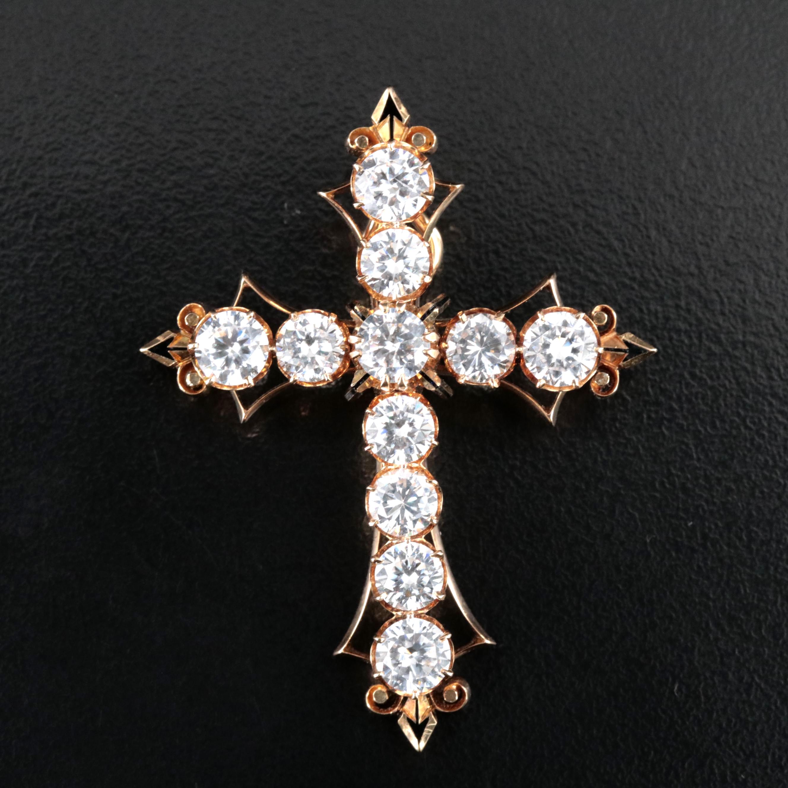 Antique 18K and Cubic Zironia and Enamel Cross Pin