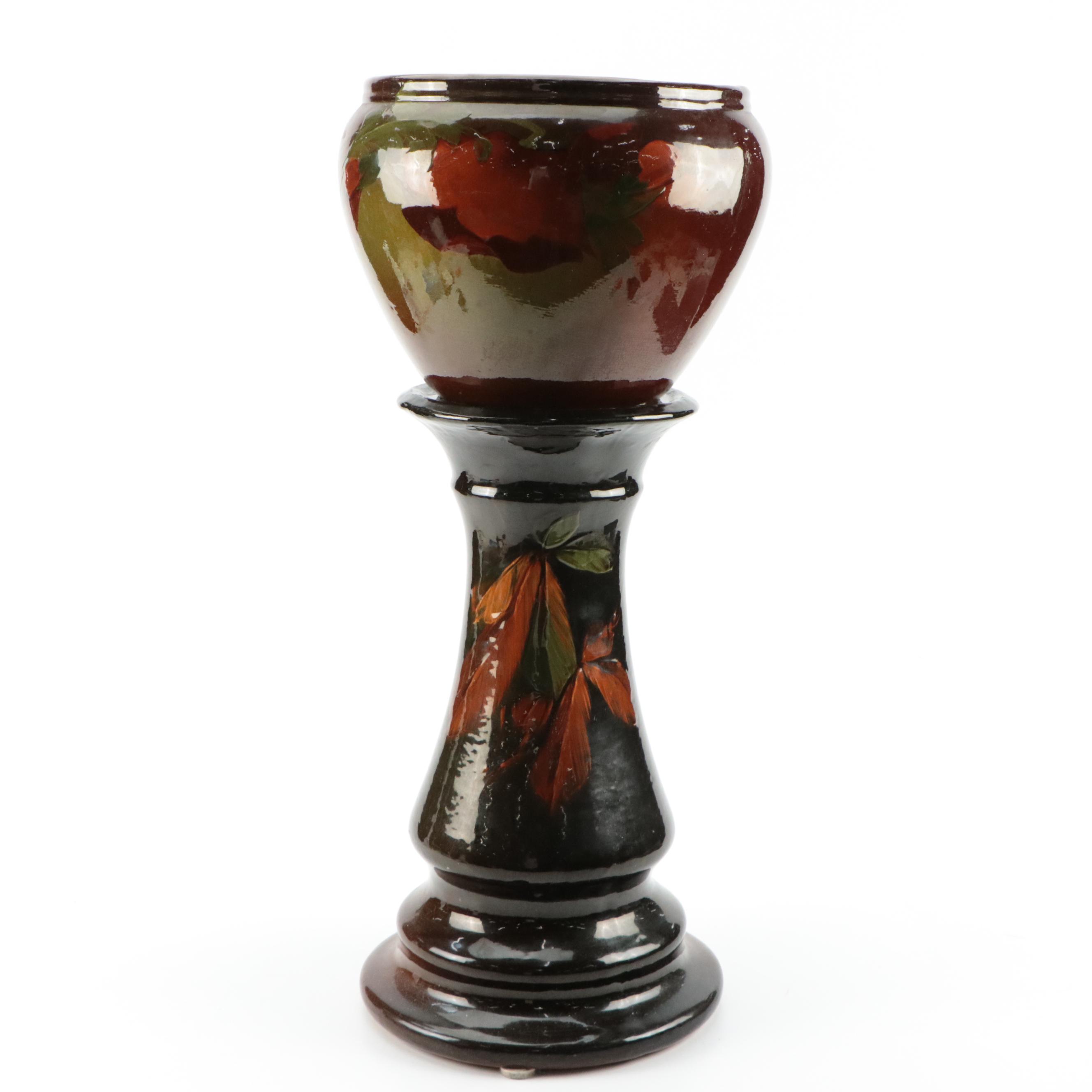Weller Style Brown Glazed Majolica Jardiniere and Pedestal with Floral Motif
