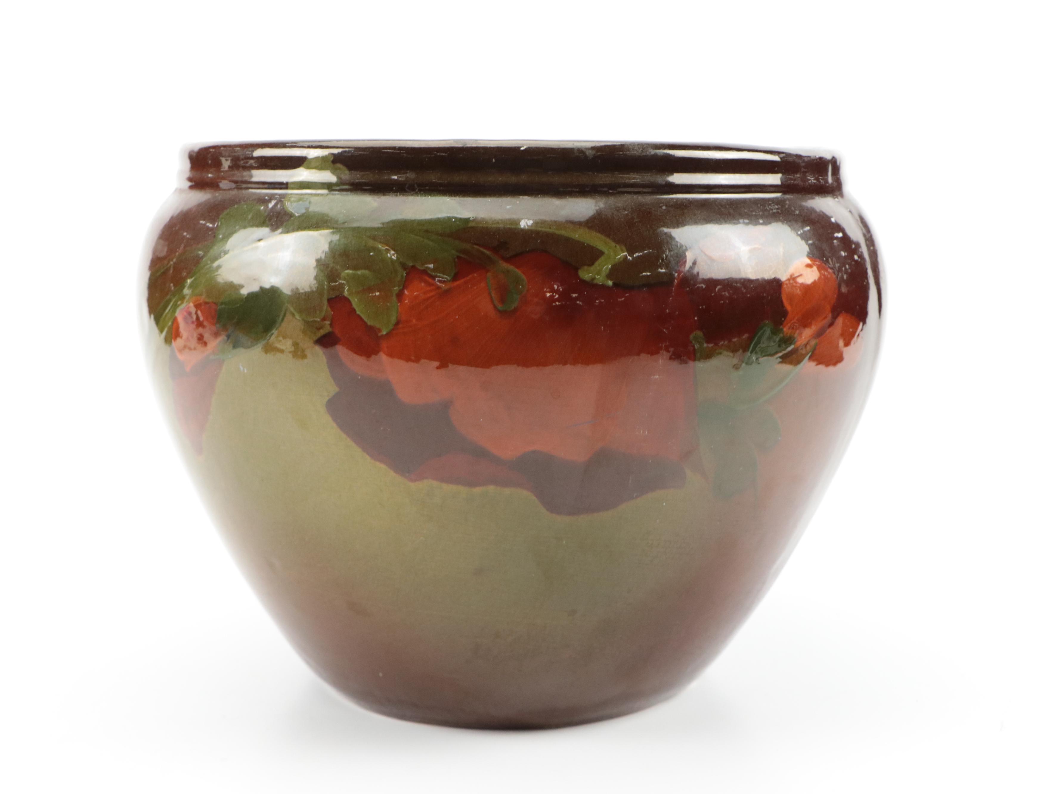 Weller Style Brown Glazed Majolica Jardiniere and Pedestal with Floral Motif