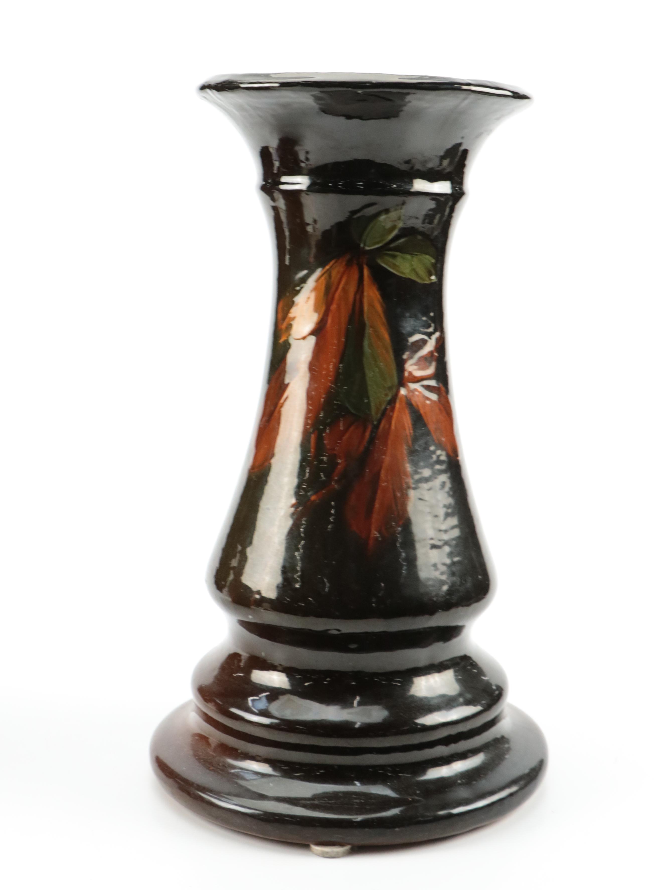 Weller Style Brown Glazed Majolica Jardiniere and Pedestal with Floral Motif