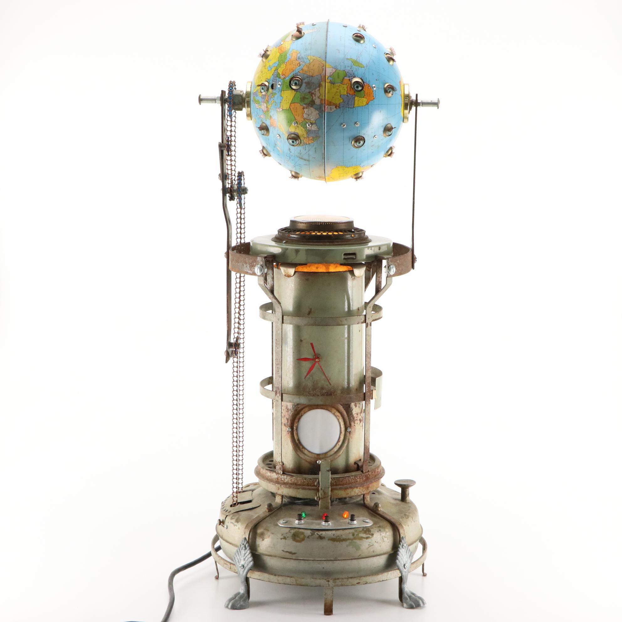 Randall Cleaver Found Object Kinetic Sculpture of Rotating Globe With Eyes