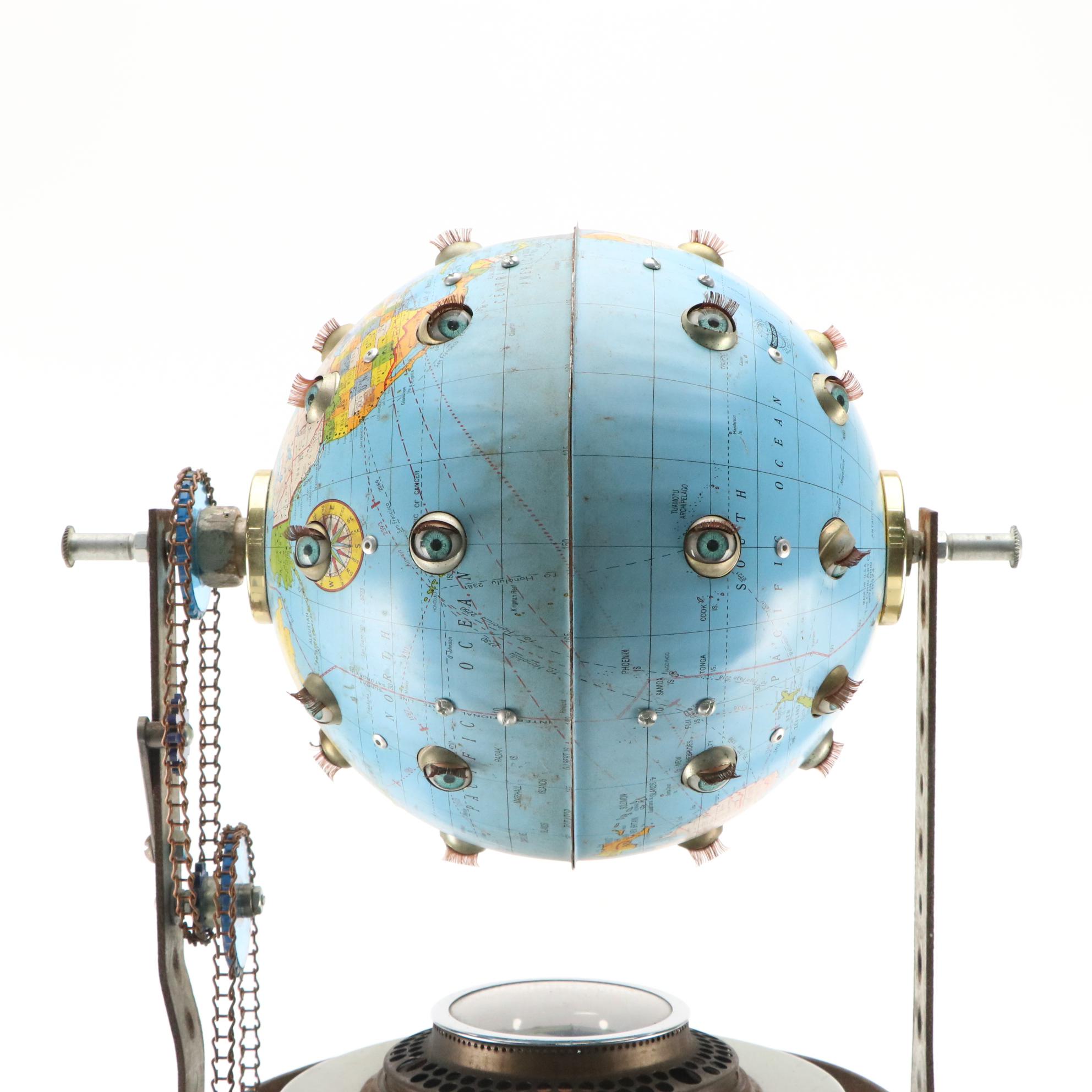 Randall Cleaver Found Object Kinetic Sculpture of Rotating Globe With Eyes