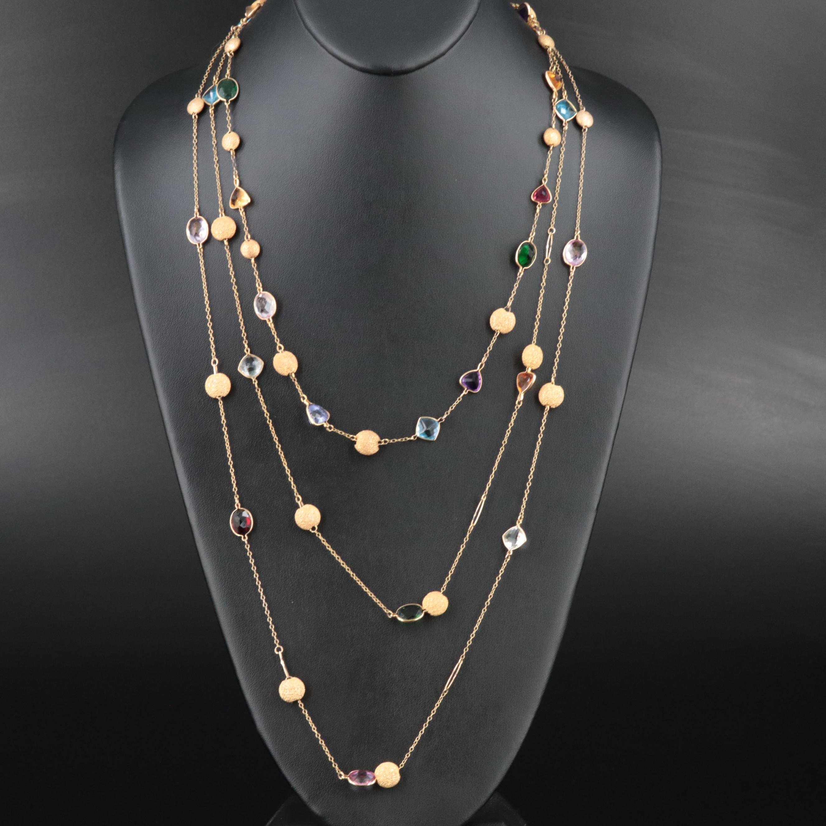 14K Mixed Gemstones Three Strand Tiered Necklace