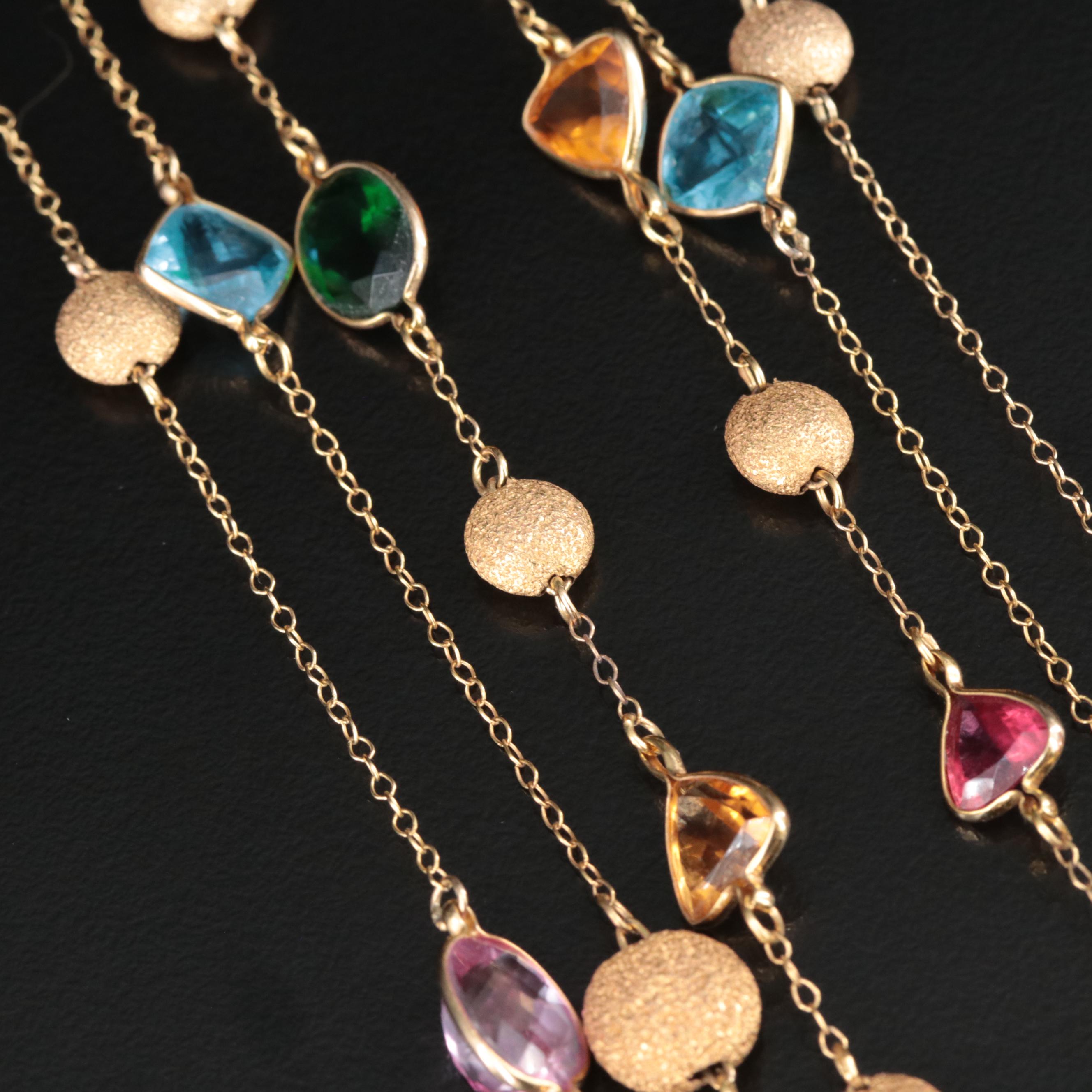 14K Mixed Gemstones Three Strand Tiered Necklace