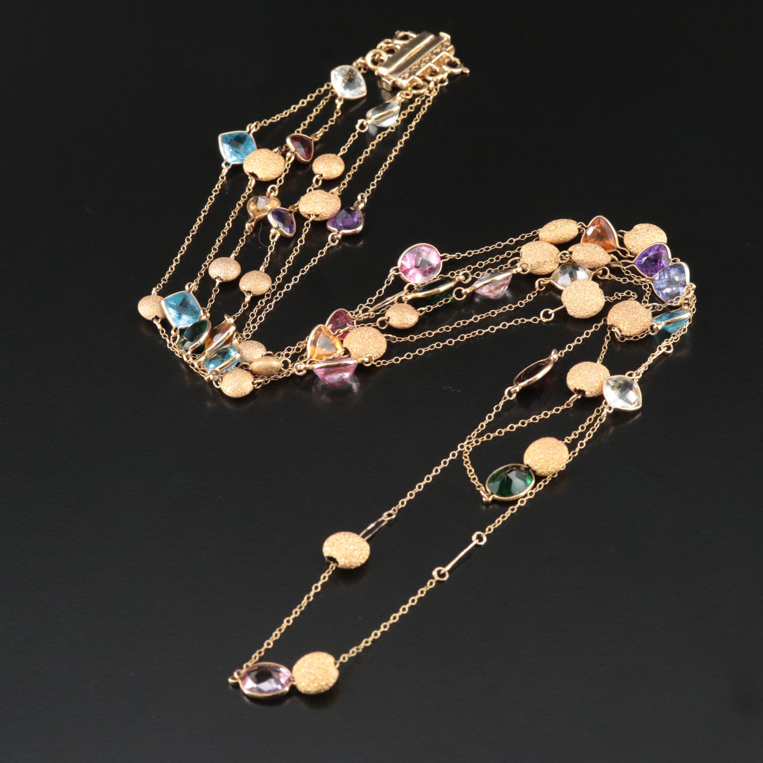 14K Mixed Gemstones Three Strand Tiered Necklace