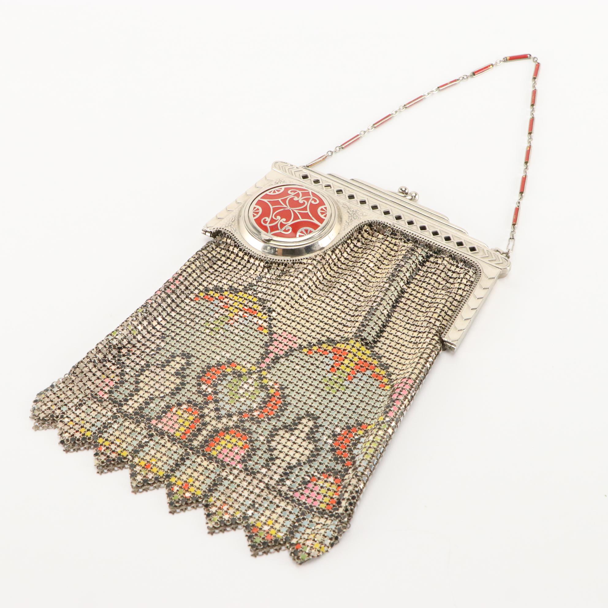 Whiting & Davis Co. Art Deco Enameled Mesh and Hinged Compact Evening Purse