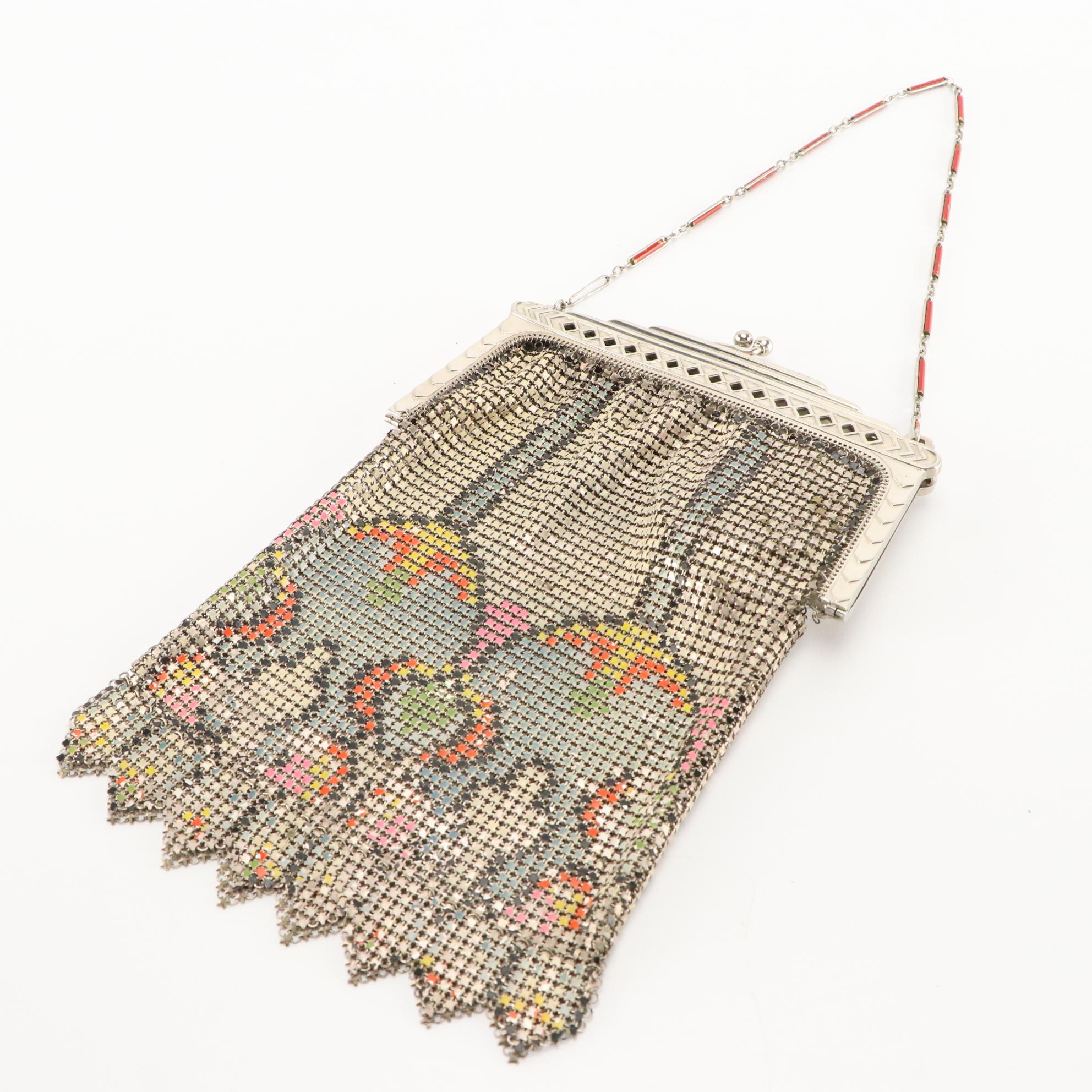 Whiting & Davis Co. Art Deco Enameled Mesh and Hinged Compact Evening Purse