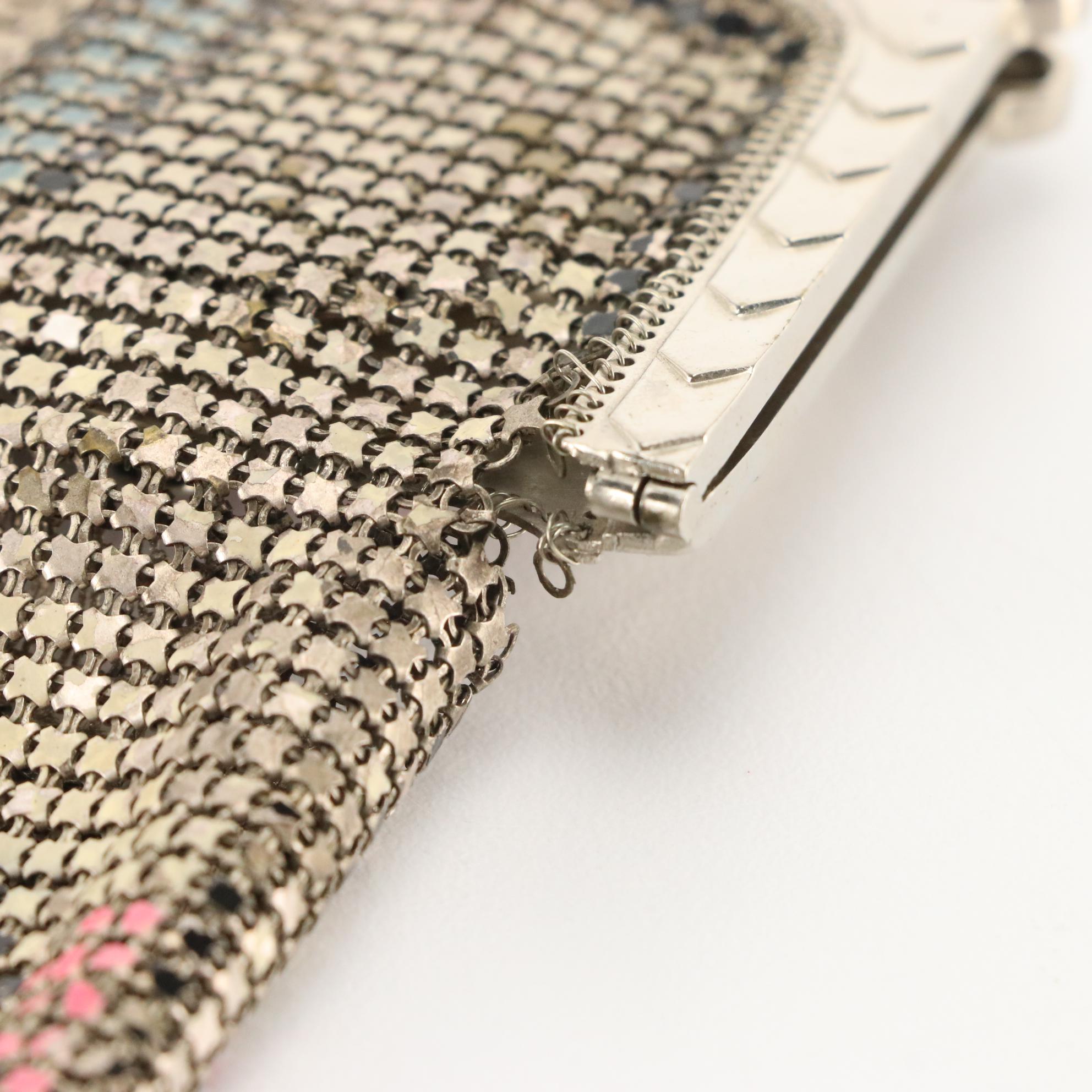 Whiting & Davis Co. Art Deco Enameled Mesh and Hinged Compact Evening Purse