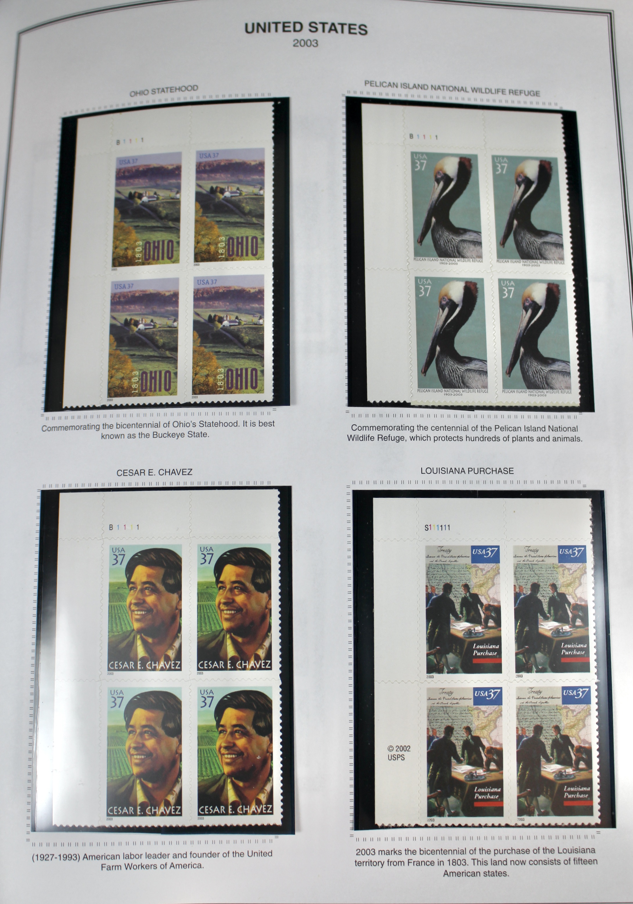 Mint Condition U.S. Postage Stamp Plate Blocks, 1999 to 2009