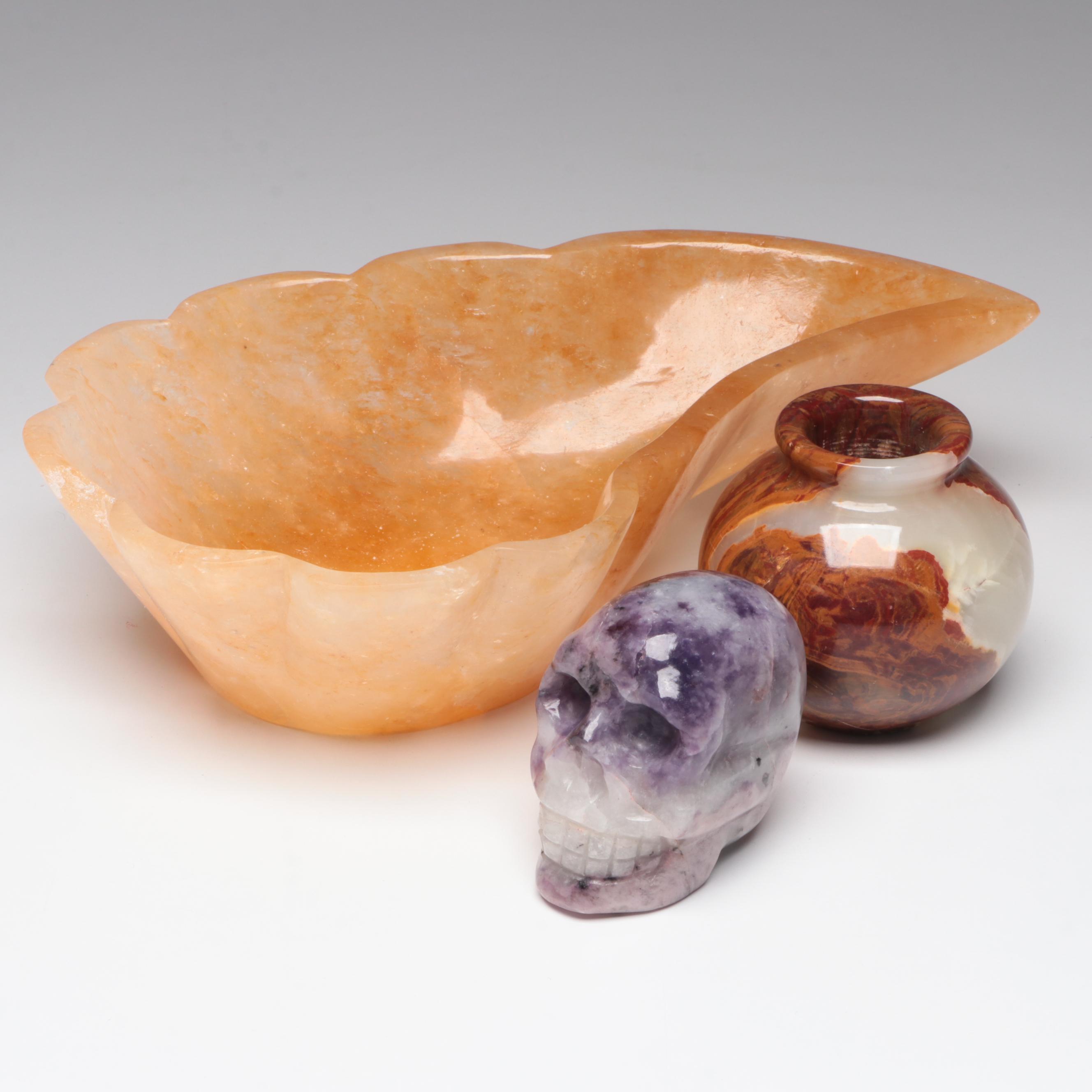 Carved Banded Calcite Vase and Amethyst Skull, Citrine Centerpiece Bowl