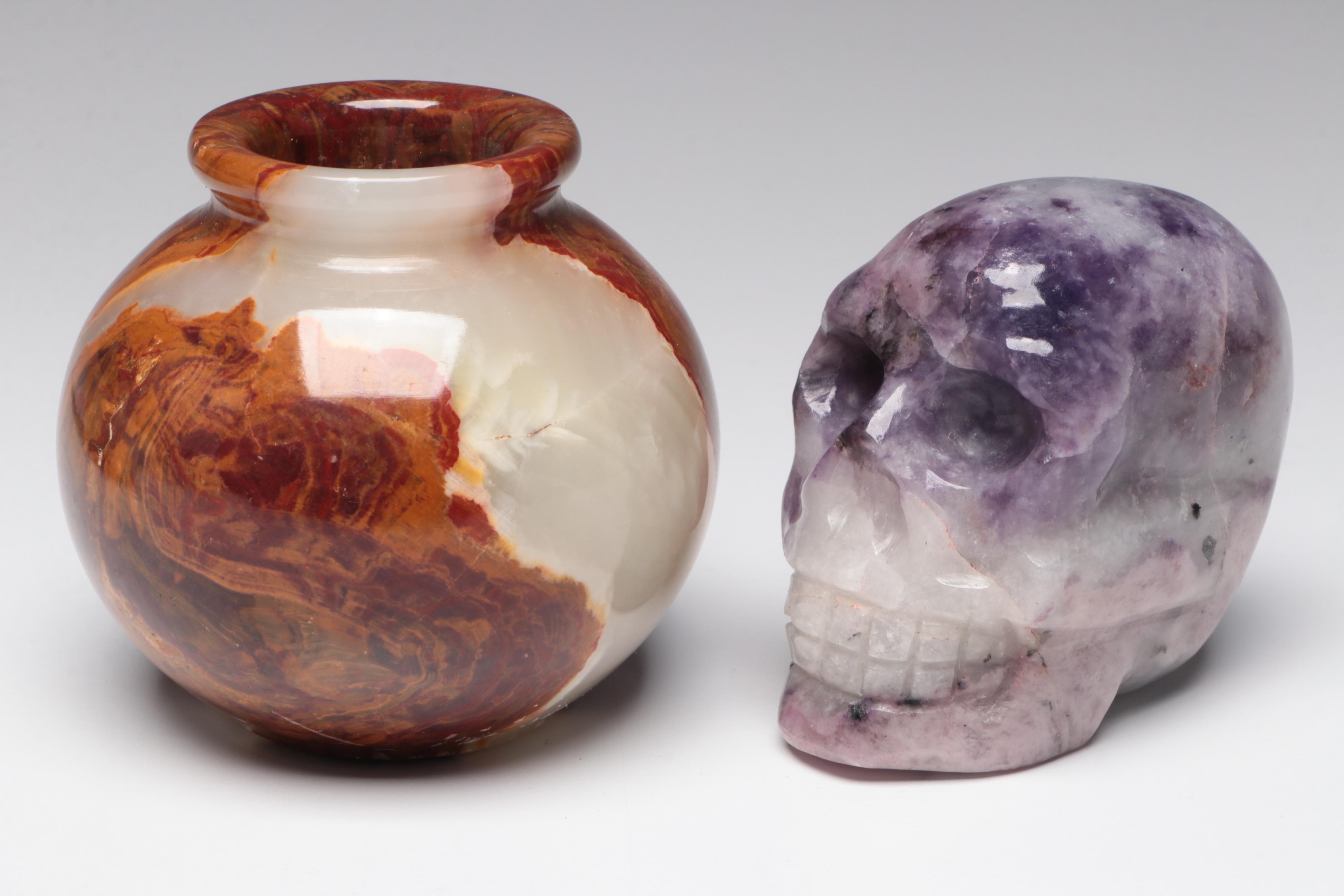 Carved Banded Calcite Vase and Amethyst Skull, Citrine Centerpiece Bowl