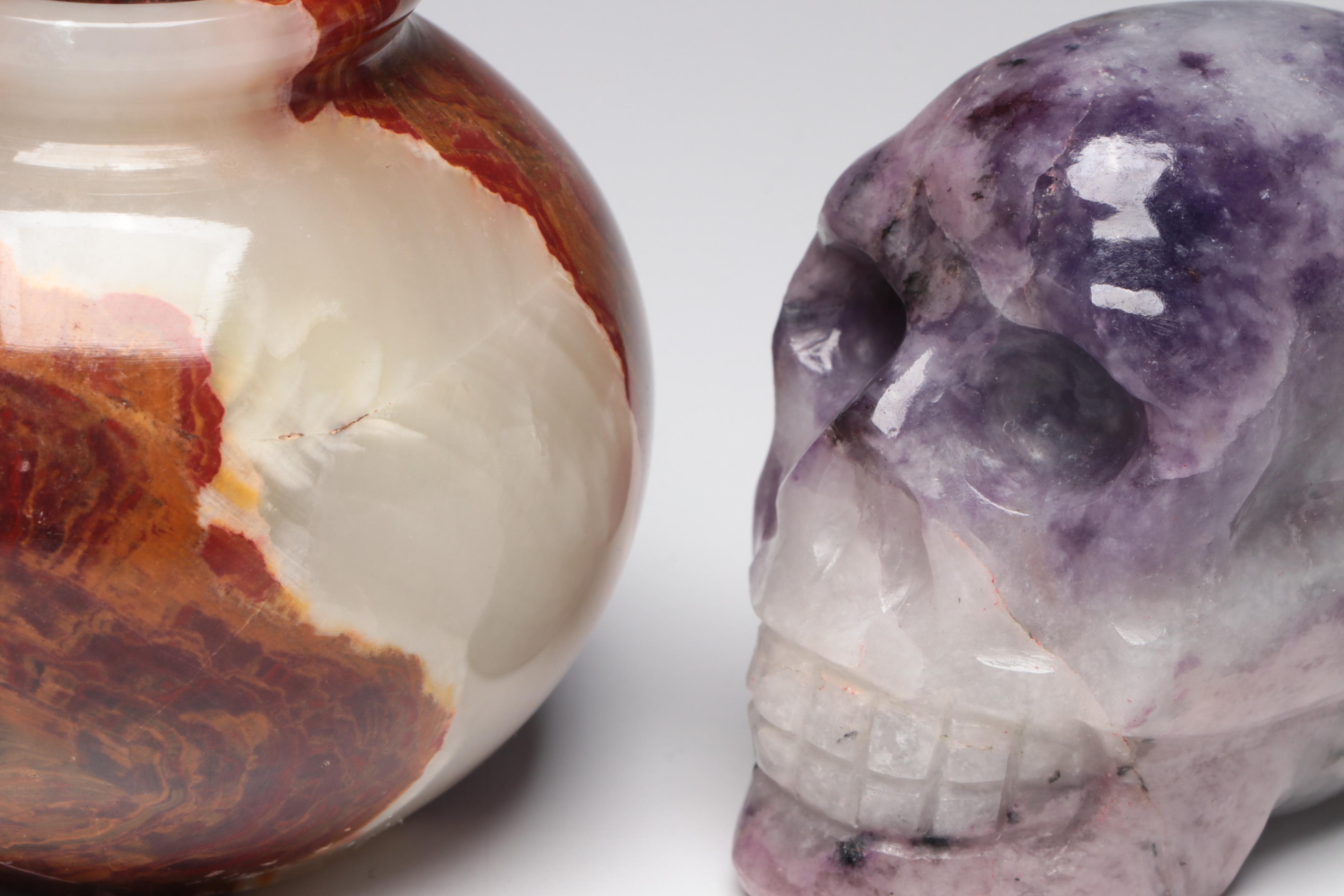 Carved Banded Calcite Vase and Amethyst Skull, Citrine Centerpiece Bowl