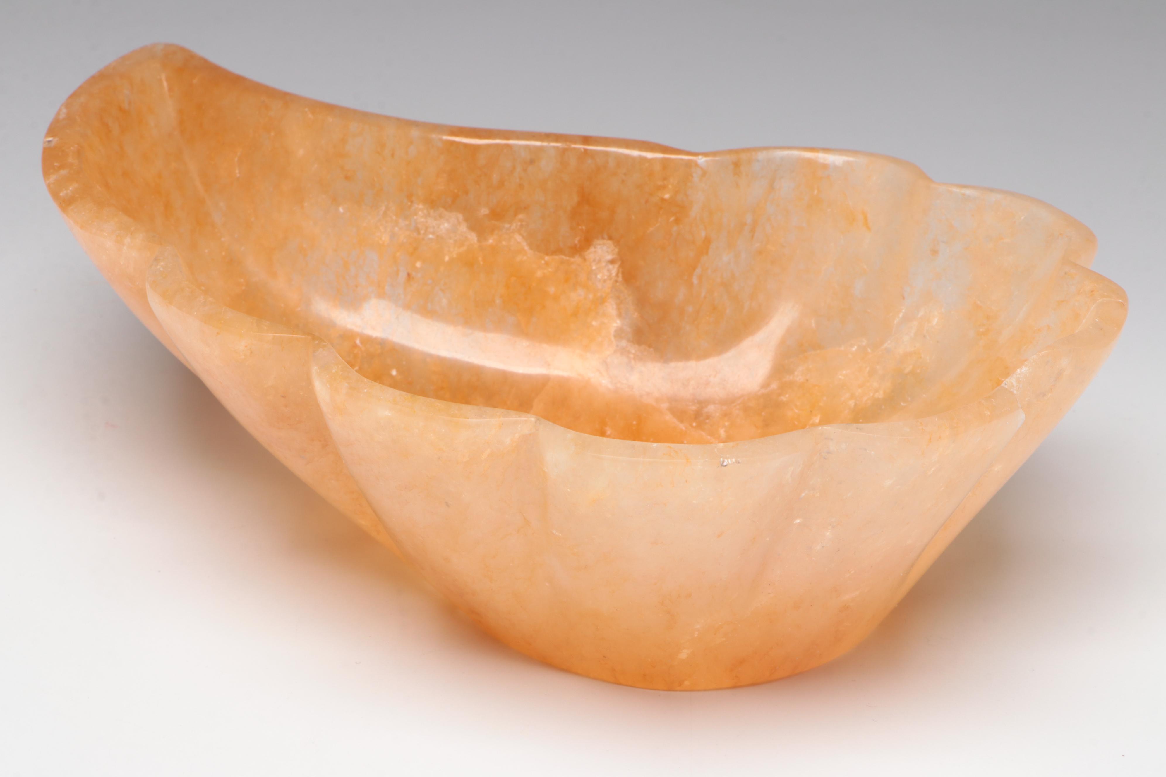 Carved Banded Calcite Vase and Amethyst Skull, Citrine Centerpiece Bowl