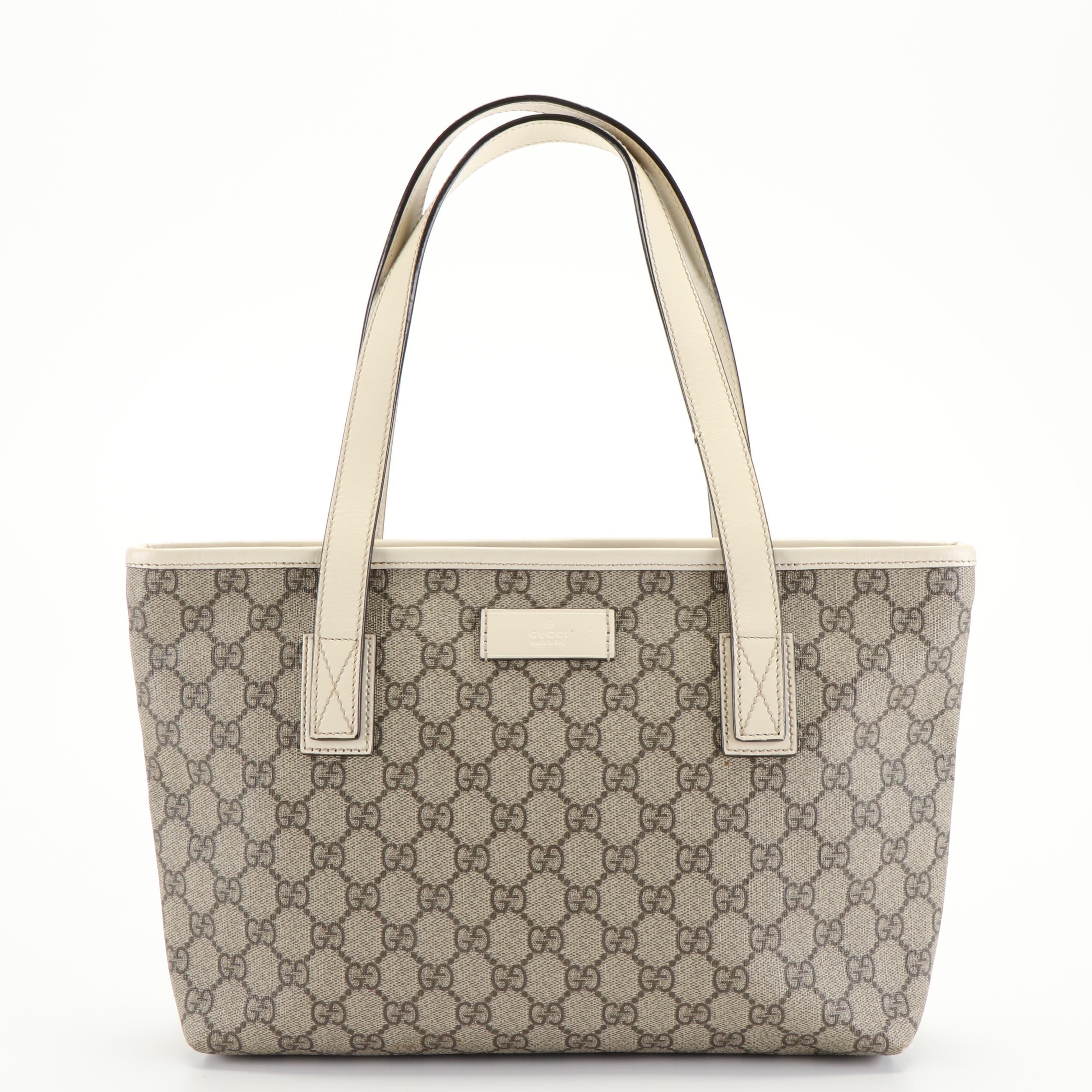 Gucci GG Supreme Canvas White Leather Tote Bag
