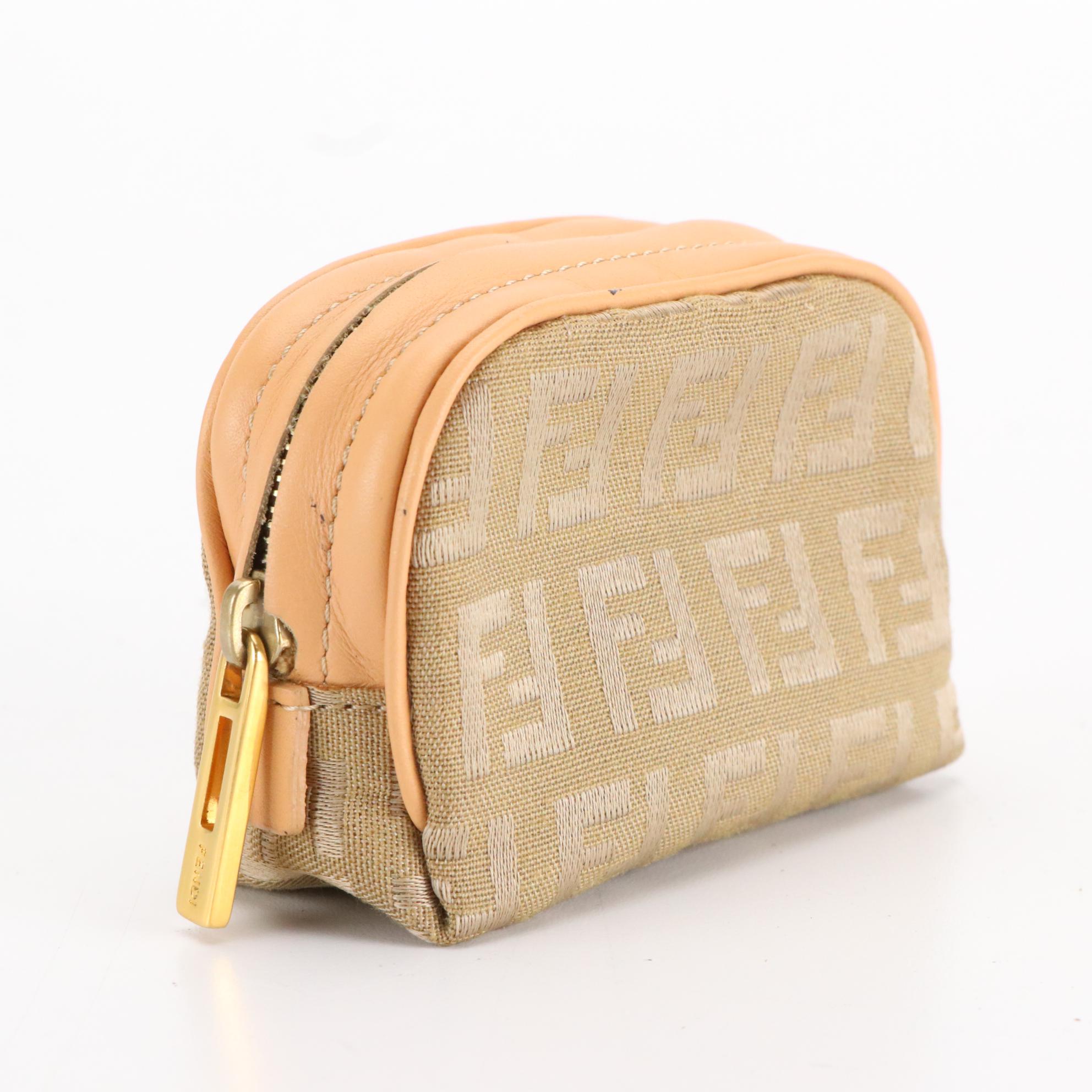 Fendi Mini Zip Coin Pouch in Beige Zuchinno Canvas and Leather Trim with Box