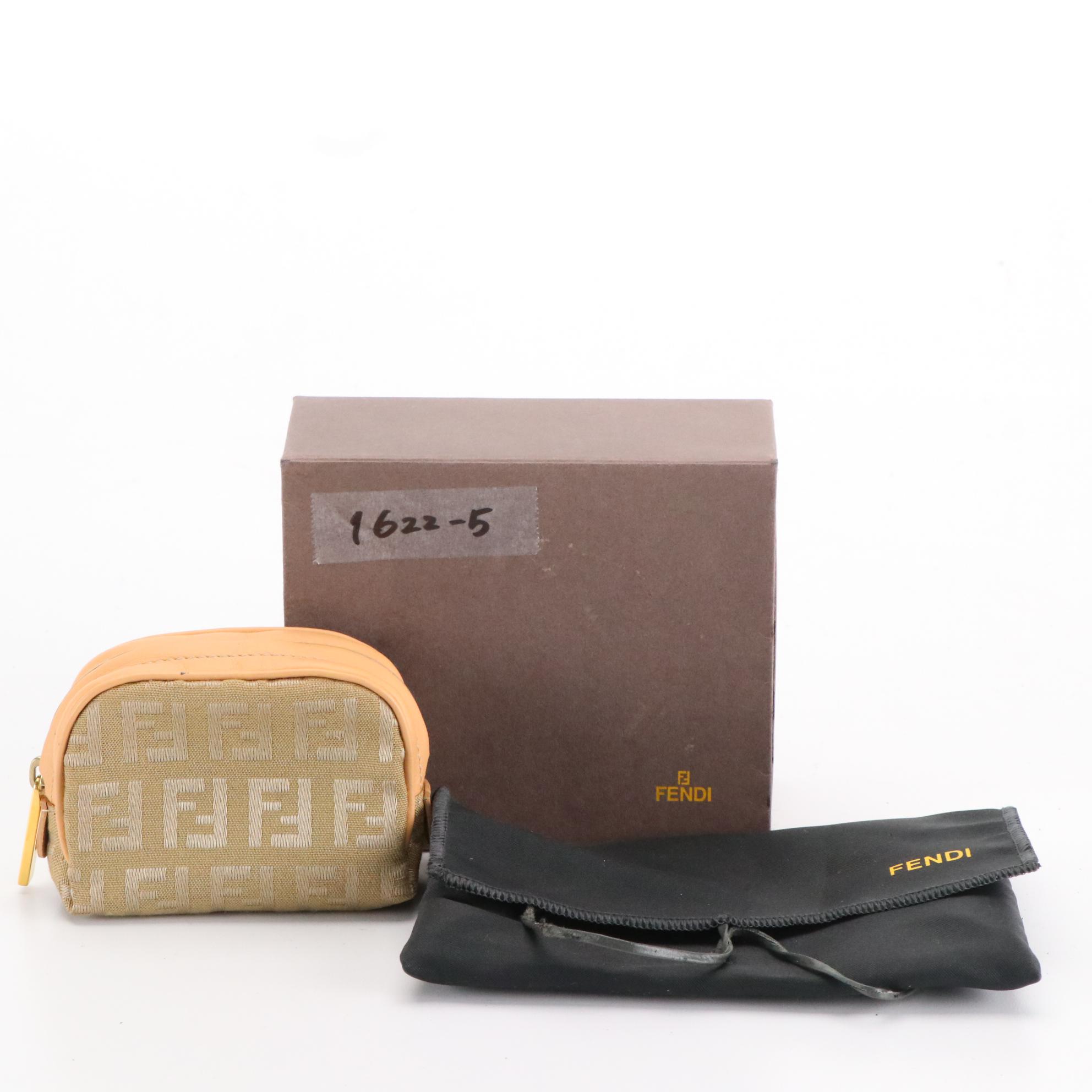 Fendi Mini Zip Coin Pouch in Beige Zuchinno Canvas and Leather Trim with Box